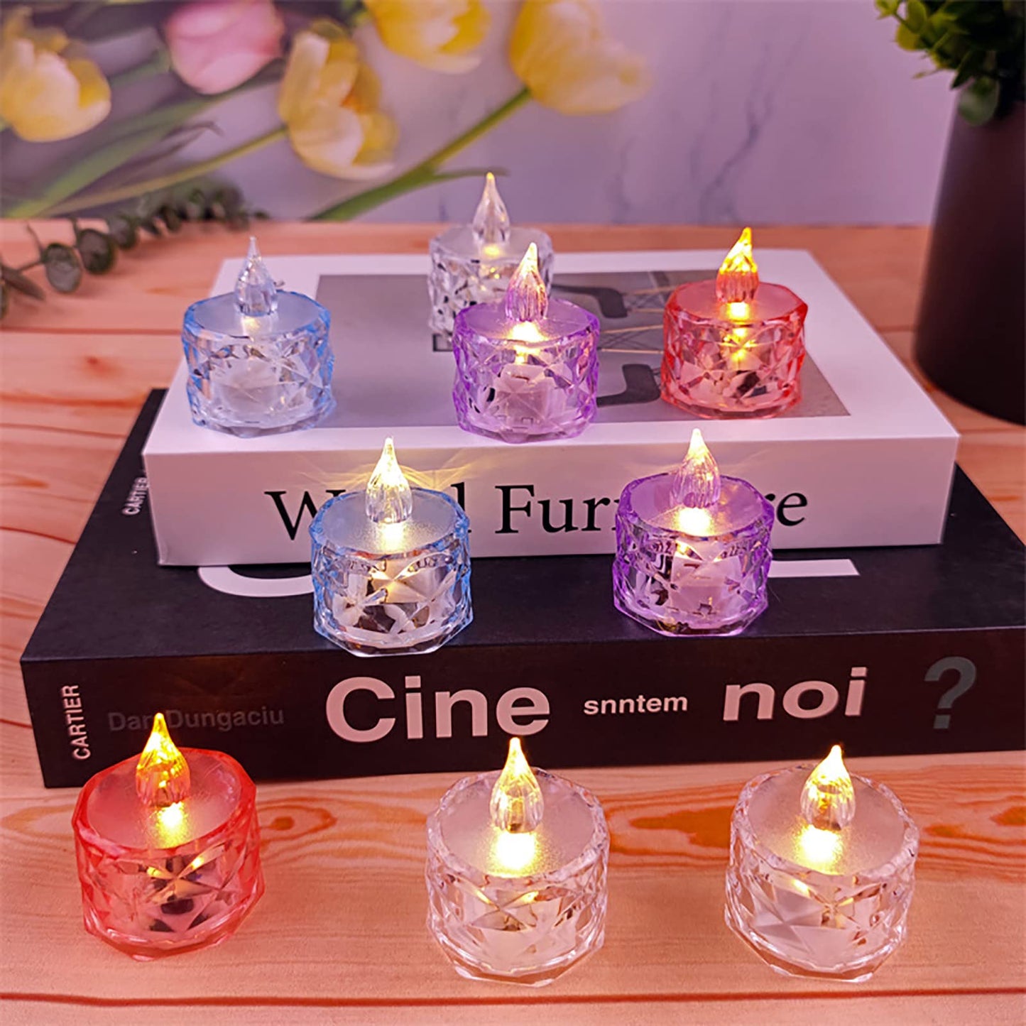 Gouccpu 12pack LED Crystal Candle Light Table Centrepiece Flameless Candles Transparent Small Tea Wax Birthday Proposal INS Desktop Decoration Create Atmosphere Smokeless Candles Tea Lights