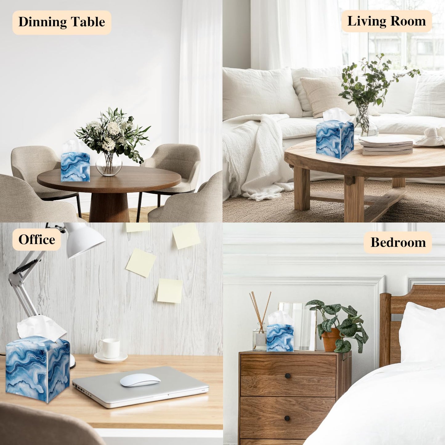 Blue Marble Tissue Box Holder, Modern Leather Tissue Box Cover Square, Waterproof Facial Paper Organizer Dispenser for Home Bathroom Bedroom Night Stand Office Countertop -025