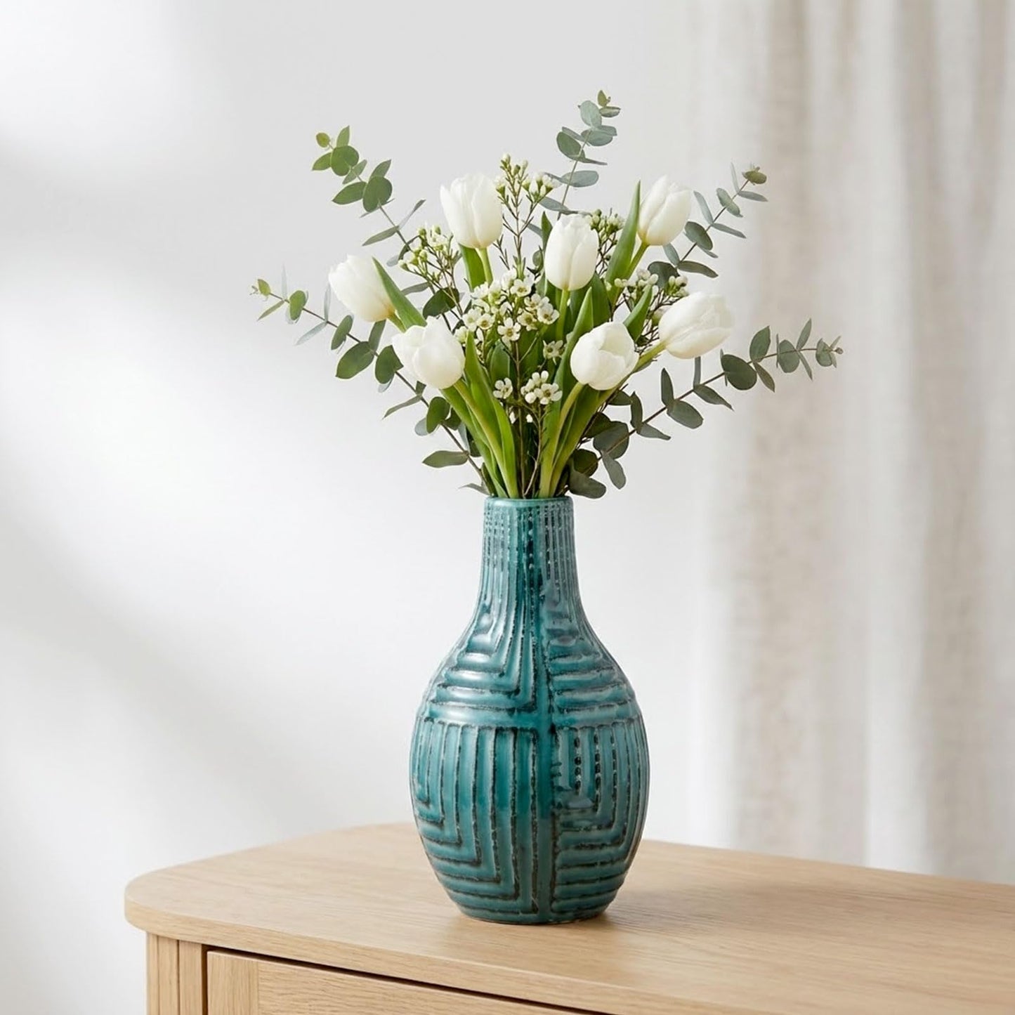 hjn Teal Hand-Glazed Ceramic Vase - 9.4" H Modern Decorative Centerpiece Vase for Fresh/Dried Flowers, Home Decor for Living Room Bookshelf Mantel | Wedding Housewarming Gift