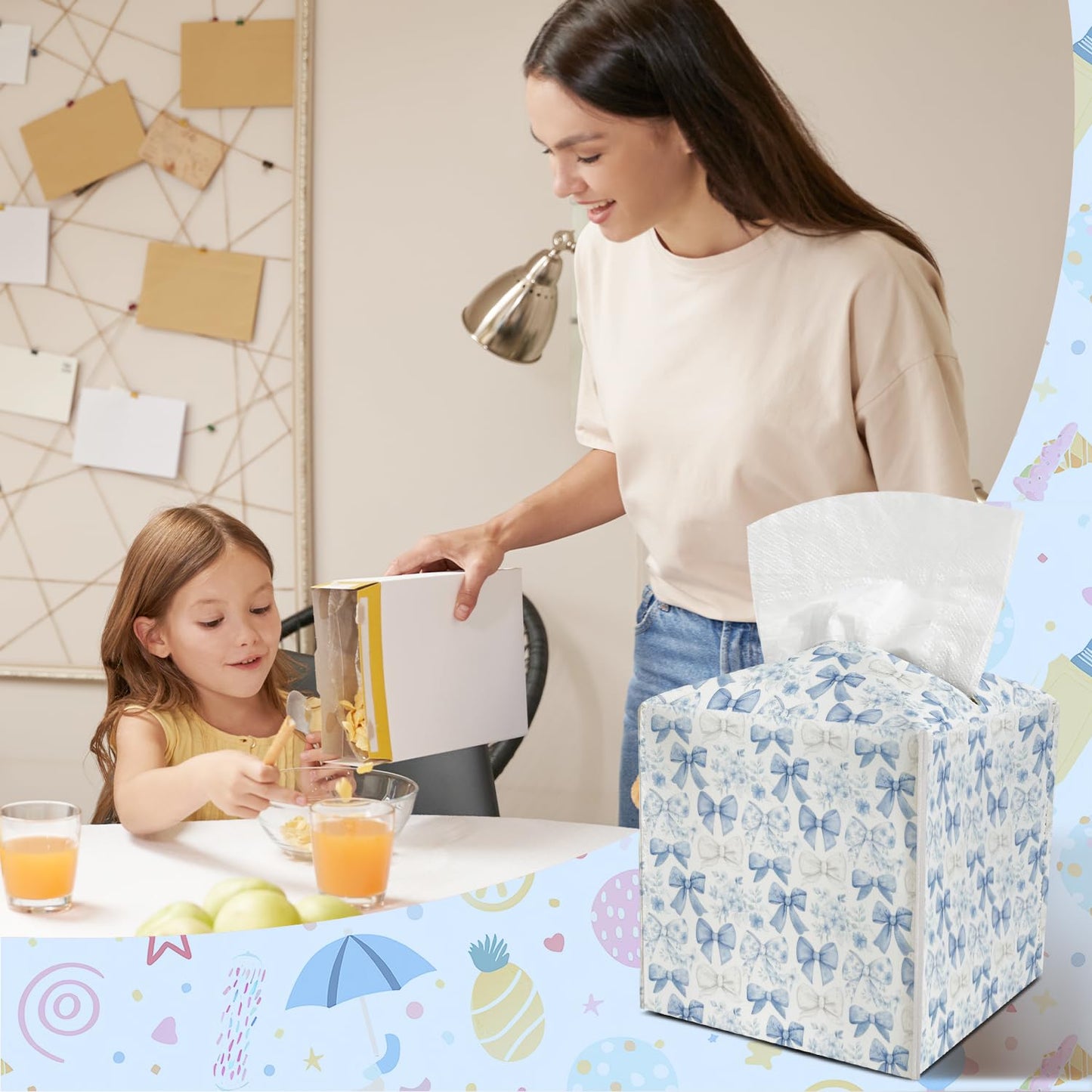 Blue Bows Floral Tissue Holder Square with Bottom Belt Elegant Leather Decorative Box Cover for Bathroom Car Office Ideal for Women Friends Mom Bestie Birthday Christmas Housewarming Gifts - FS688