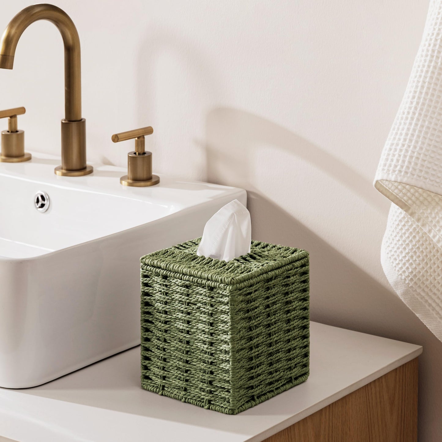 Sage Green Tissue Box Cover, Paper Rope Hand Woven Square Tissue Box Holder for Home Decor, Bathroom Countertop, Office, Bedside Table
