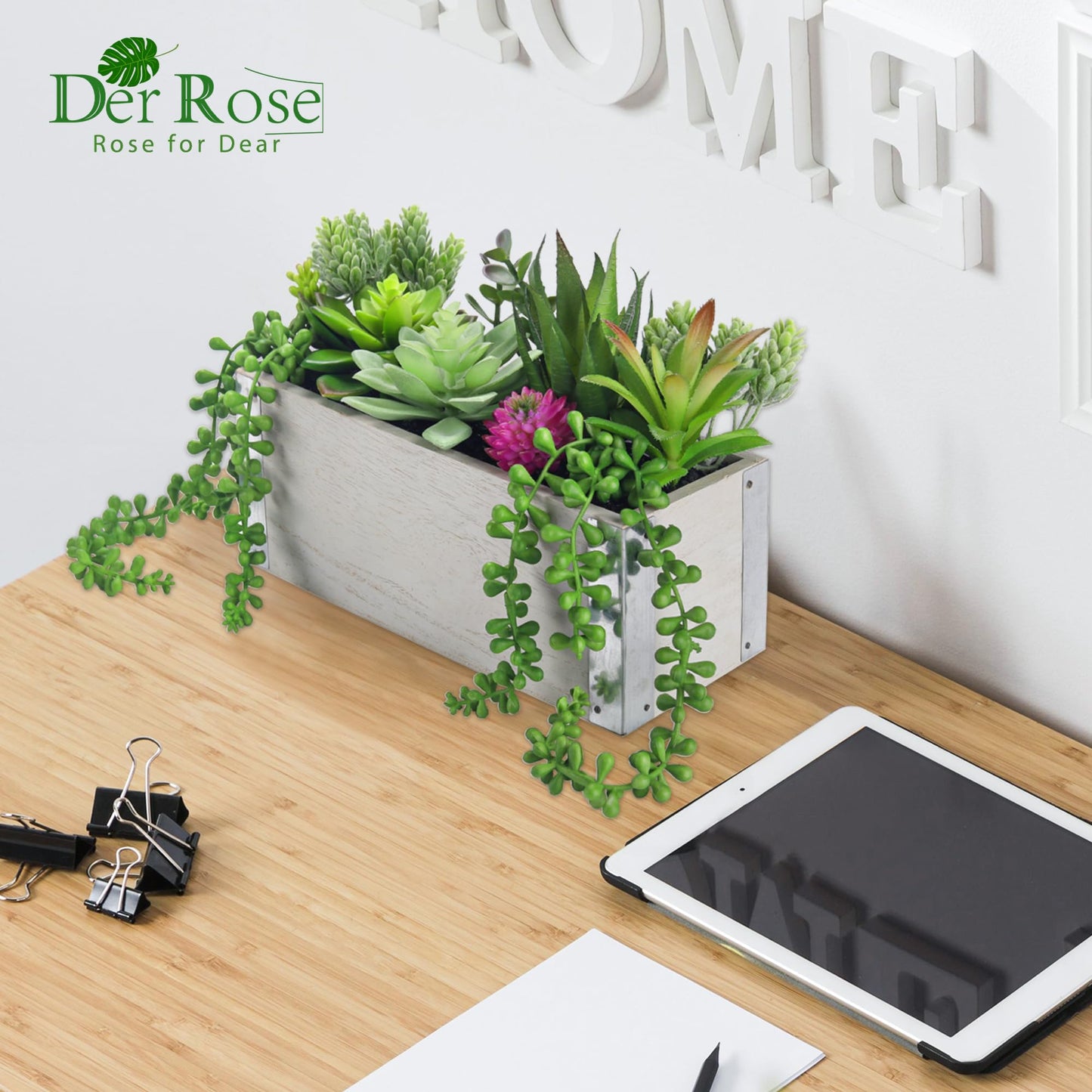 Der Rose 11 Inch Fake Plants Succulents Plants Artificial Cactus Plants in Wood Pots for Farmhouse Bathroom Decor