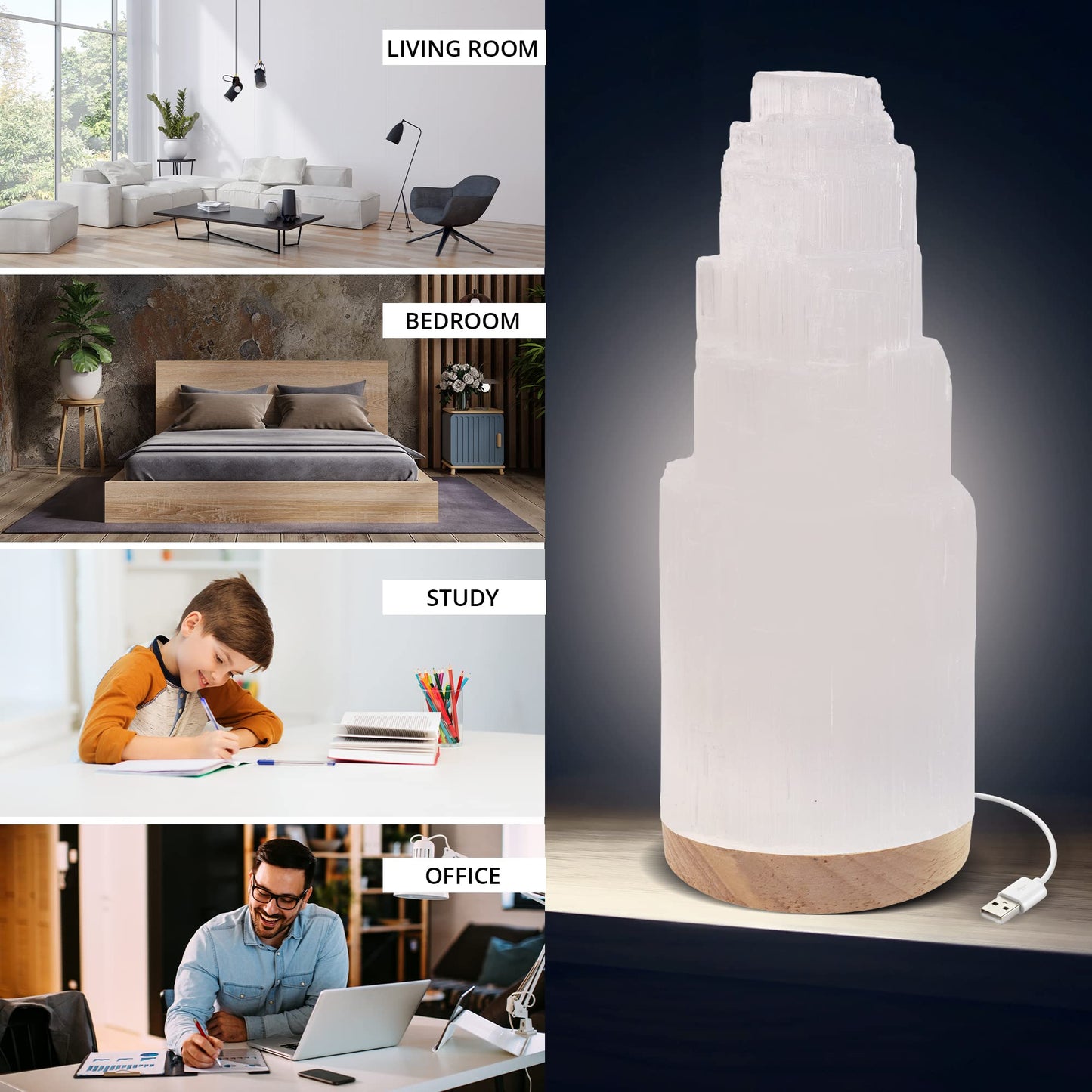 NORTHLANDZ Selenite Crystal Lamp 20cm, Hand Crafted Wooden Base Moroccan Lamp, Selenite Lamp for Smudging, Healing & Meditation, Best for Gift (ETL Certified)