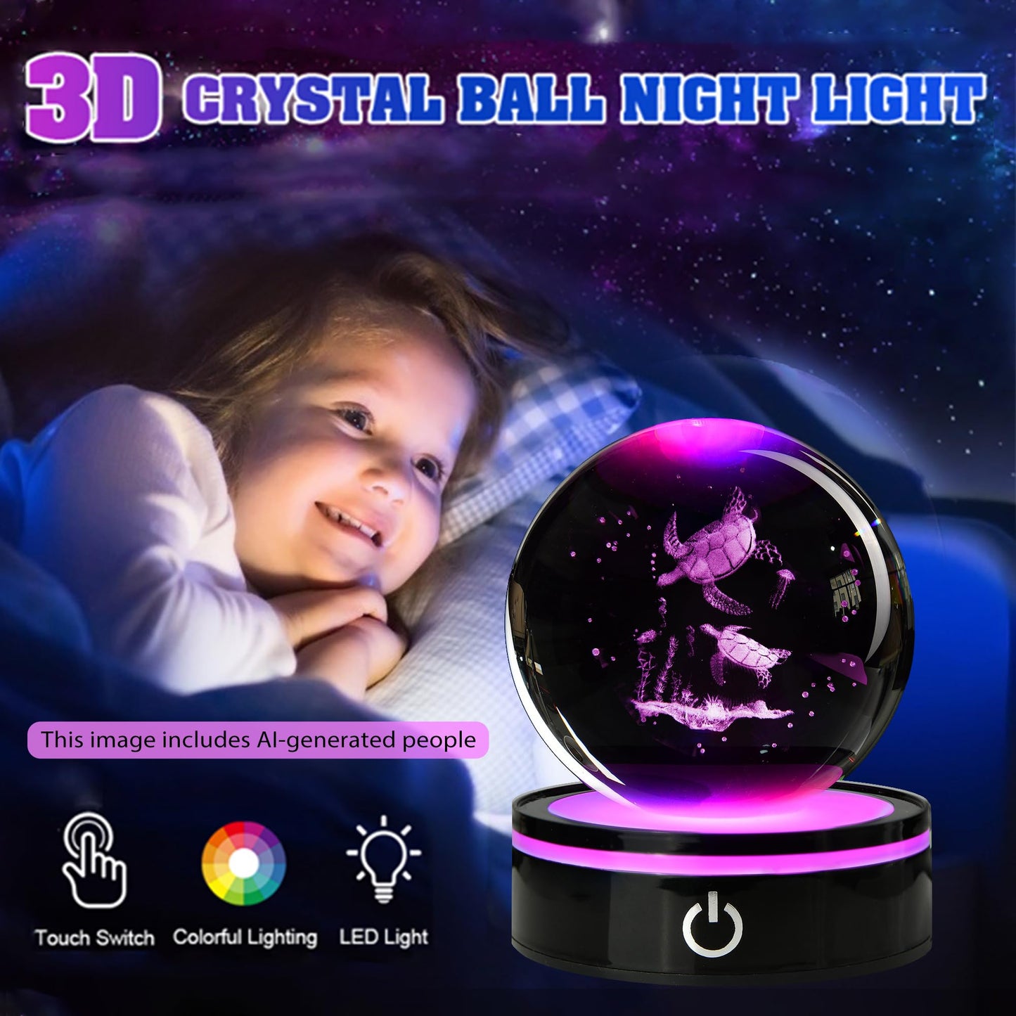 QIANCHANG Sea Turtle 3D Crystal Ball with LED Stand, 80mm Glass Sphere Night Light Lamp, Ocean Animal Crystal Figurines Collectibles, Turtle Lover Gifts for Men & Women