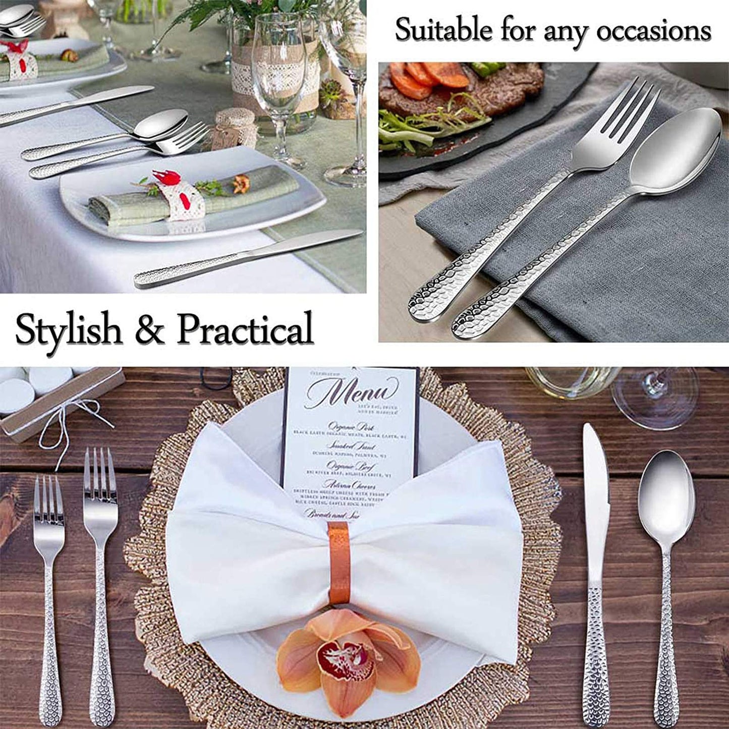 E-far Stainless Steel Teaspoons Set of 12, Modern Hammered Silverware Flatware Dessert Spoons for Home, Kitchen, Restaurant, Round Edge & Mirror Polished, Dishwasher Safe - 6.7 Inches