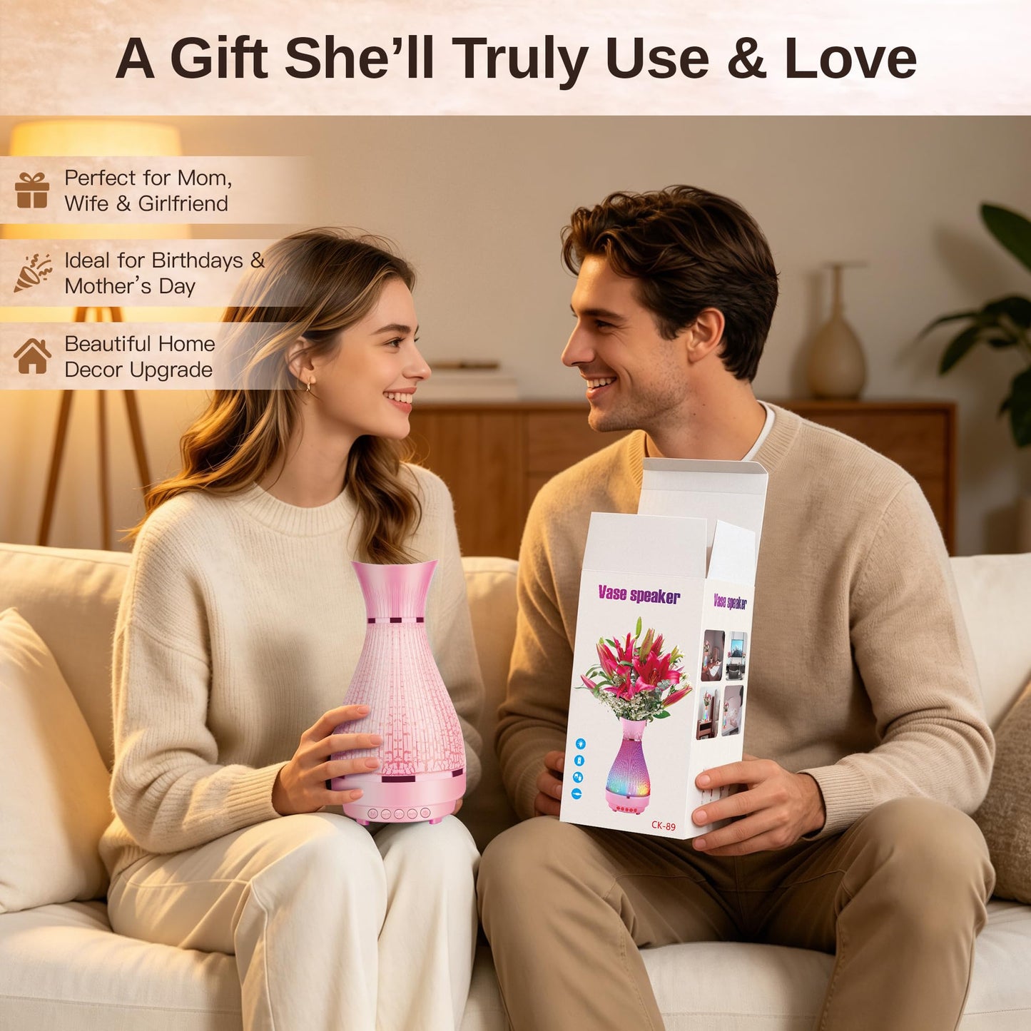 3-in-1 Vase Bluetooth Speaker With Ambient Light & White Noise, 8H Playtime, Water-Safe Flower Vase for Bedroom, Living Room Decor, Mother's Day,Birthday Gift for Women, Mom, Wife or Girlfriend