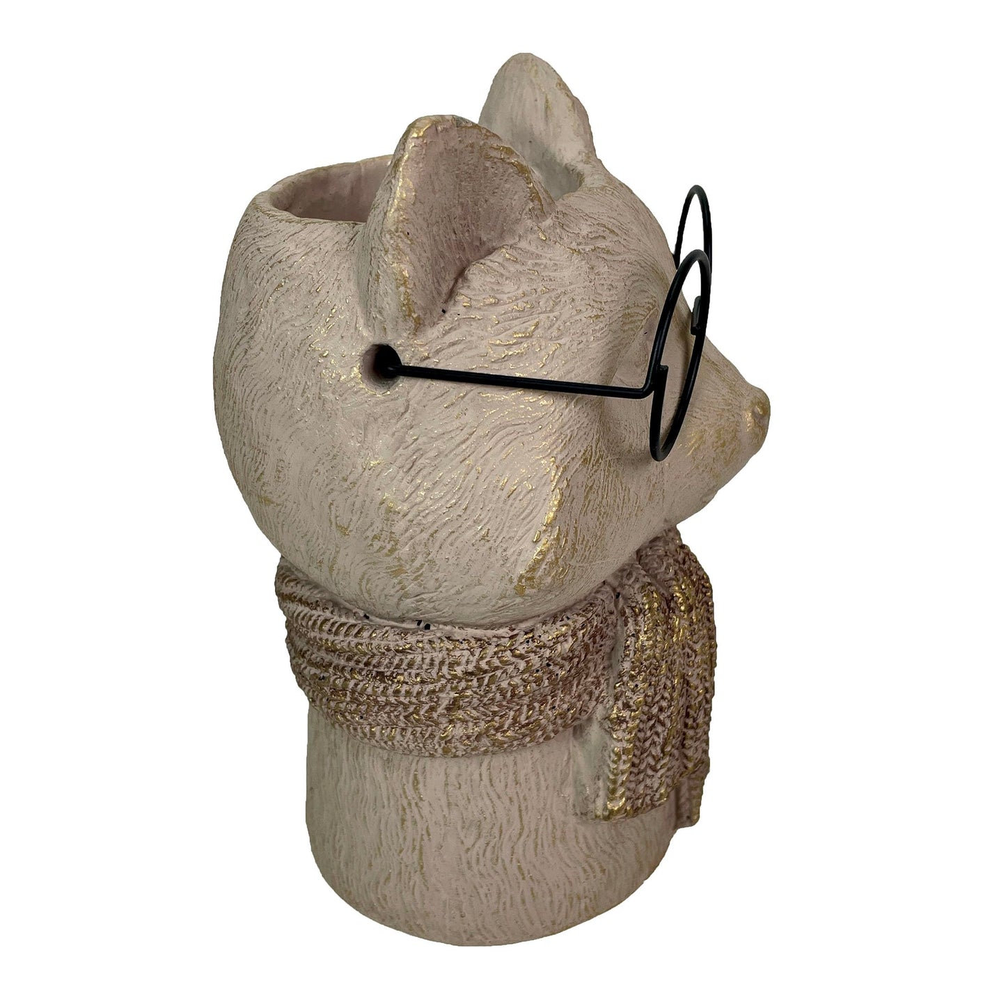Bespectacled Fox Cement Vase 8.25 Inch – Gold Accents, Knit Textured Scarf, Real Wire Glasses, Whimsical Animal Decor, Distressed Taupe Planter for Indoor Plants, Unique Gift for Home or Office