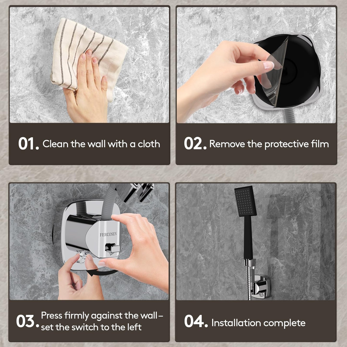 FERCOSEN 360° Swivel Shower Head Holder with Suction Cup | 10kg Load Capacity, Tool-Free Installation in Seconds | Removable and Rust-Resistant Shower Bracket with Storage Hook (Silver)