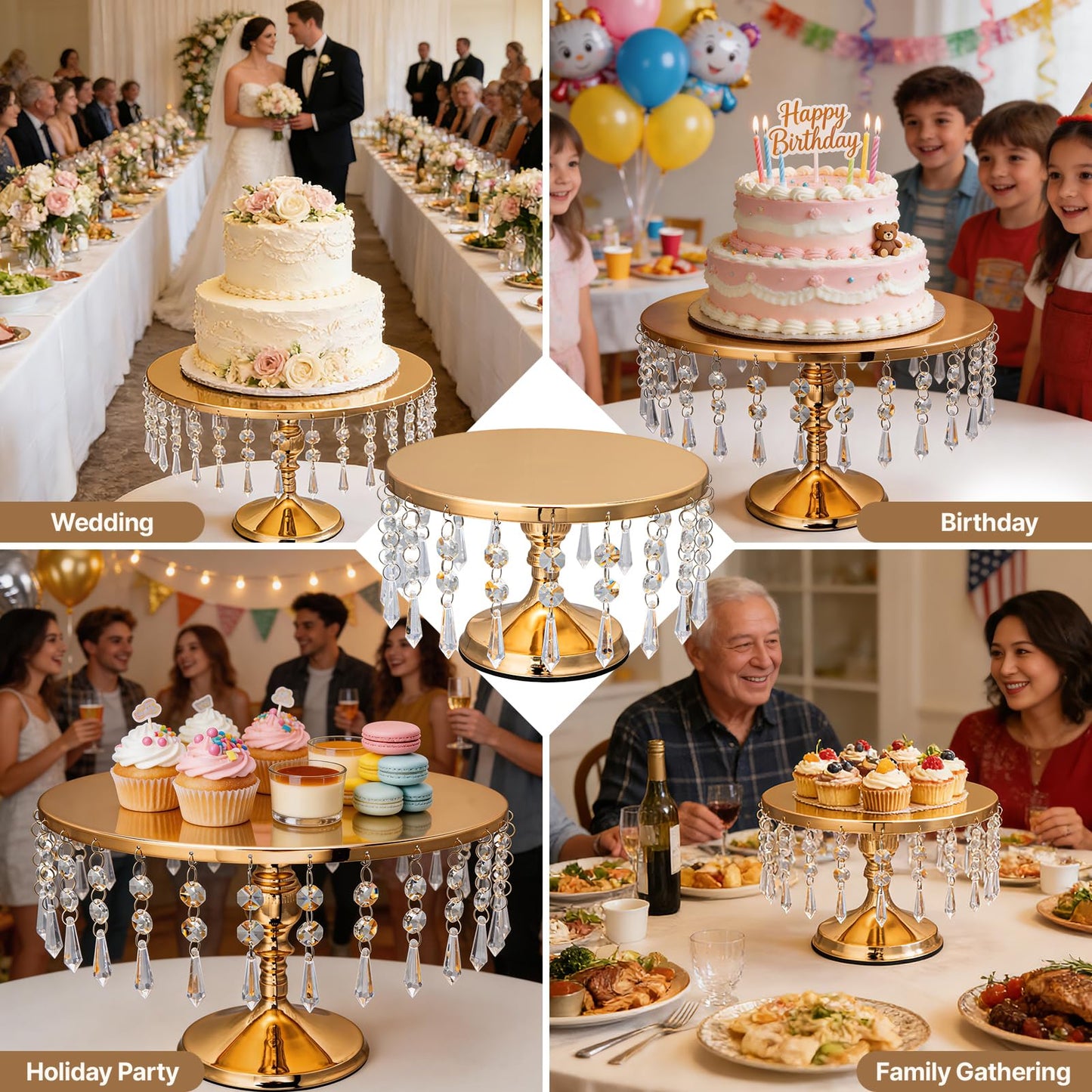 sansaieco 3 PCS Gold Cake Stand Set with Crystal Pendants - Dessert Table Display Set, Dazzling Metal Cake Holder Stand for Wedding, Party, Birthday, Baby Shower, Event Bridal Celebration
