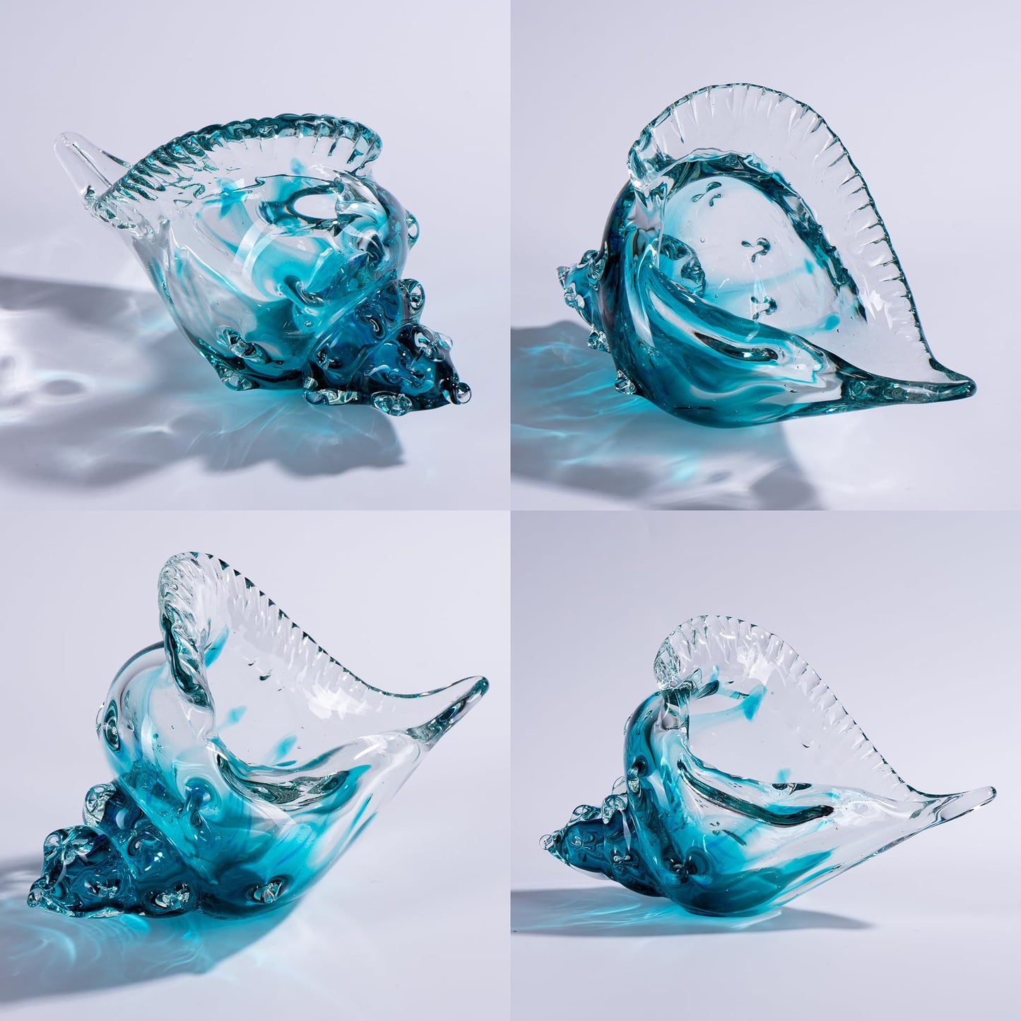 QIANCHANG 8" Blown Glass Conch Shell, Large Blue Glass Seashells Sculpture Table Centerpiece, Coastal Ocean Beach Themed Room Gifts for Women