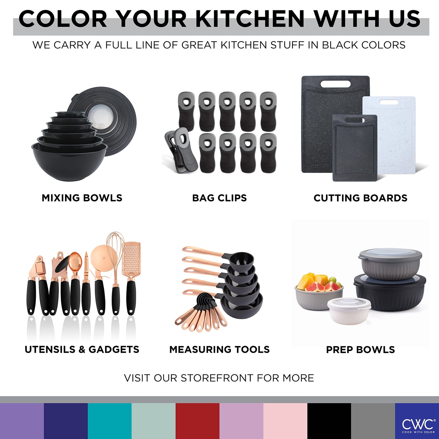 COOK WITH COLOR Mixing Bowls with TPR Lids - 12 Piece Plastic Nesting Set includes 6 Prep and Lids, Microwave Safe Bowl (Black Ombre)