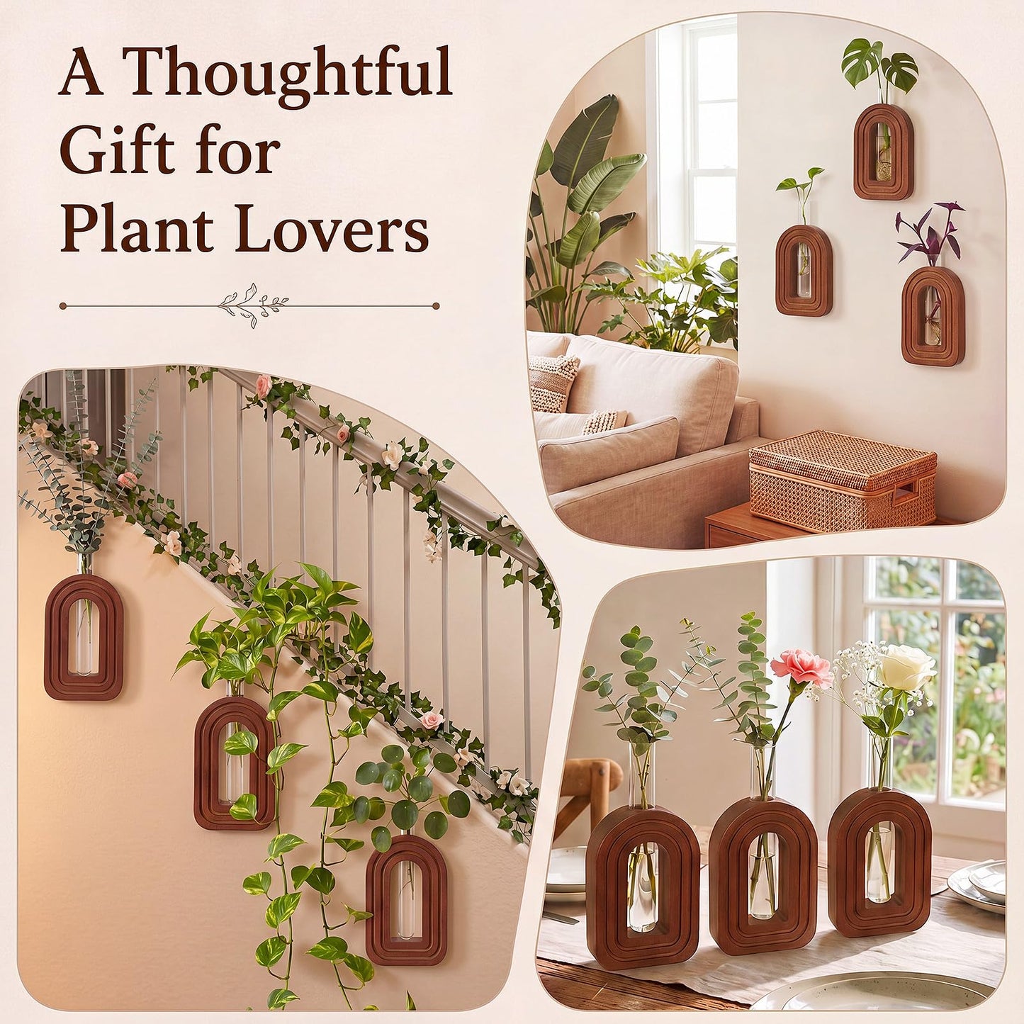 Capoda 3 Pack Wood Wall Planter Arch Propagation Station Wooden Hanging Vase with Glass Tube Boho Rustic Farmhouse Wall Decoration for Indoor Living Room Bedroom Bathroom (Dark Brown)