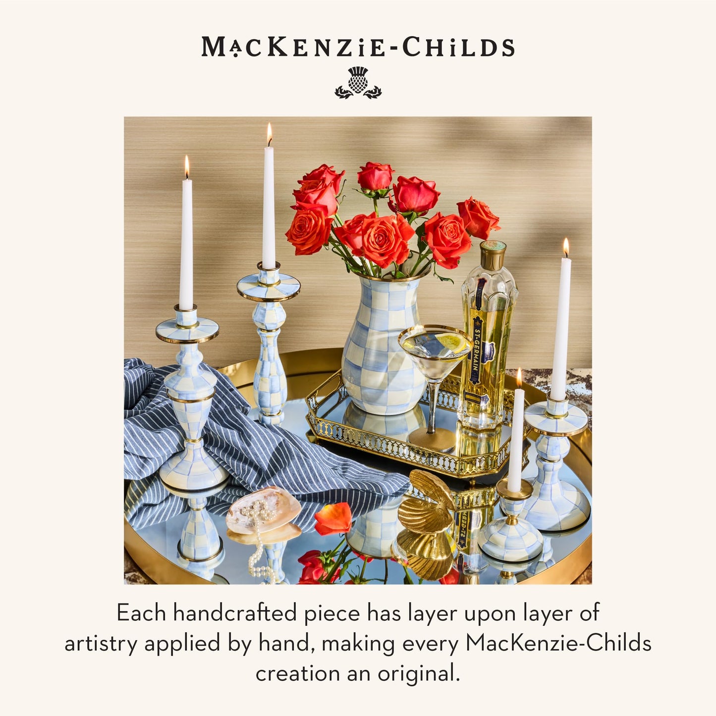 MACKENZIE-CHILDS Enamel Vase, Unique Flower-Vase Decor for Living Room, Large, Light-Blue-and-White Sky Check