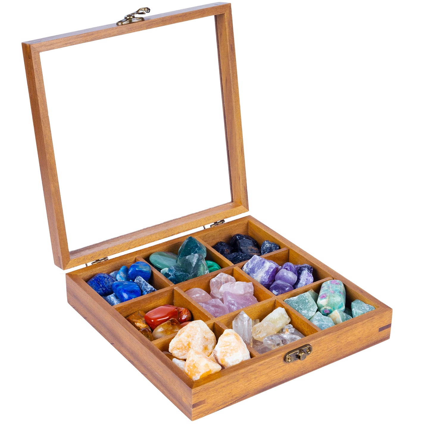 Curawood Rock Display Case - 8" x 8" Rock Collection Box for Kids & Adults - Crystal Holder for Stones Display Shelf with 9 Compartments & Acrylic Lid - Gemstone & Crystal Storage Box Organizer
