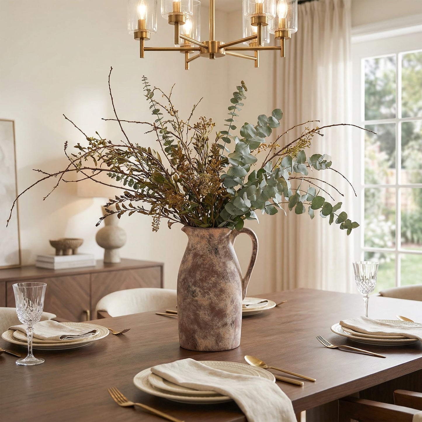 Ceramic Flower Vase with Handles,11" Neutral Tall Clay Terracotta Vases Farmhouse Table Vases with Handle Living Room Decor Rustic Pottery Pots for Home Shelf Coffee Dining Desk Fireplace