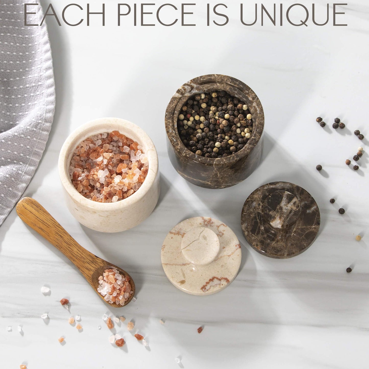 Beige Marble Salt Cellar with Lid (3.5oz) - Scratch-resistant & Easy-to-Clean Salt Containers for Countertop - Elegant & Versatile Marble Jar to Store Salt, Sugar & Dry Spices - Compact Salt Dispenser