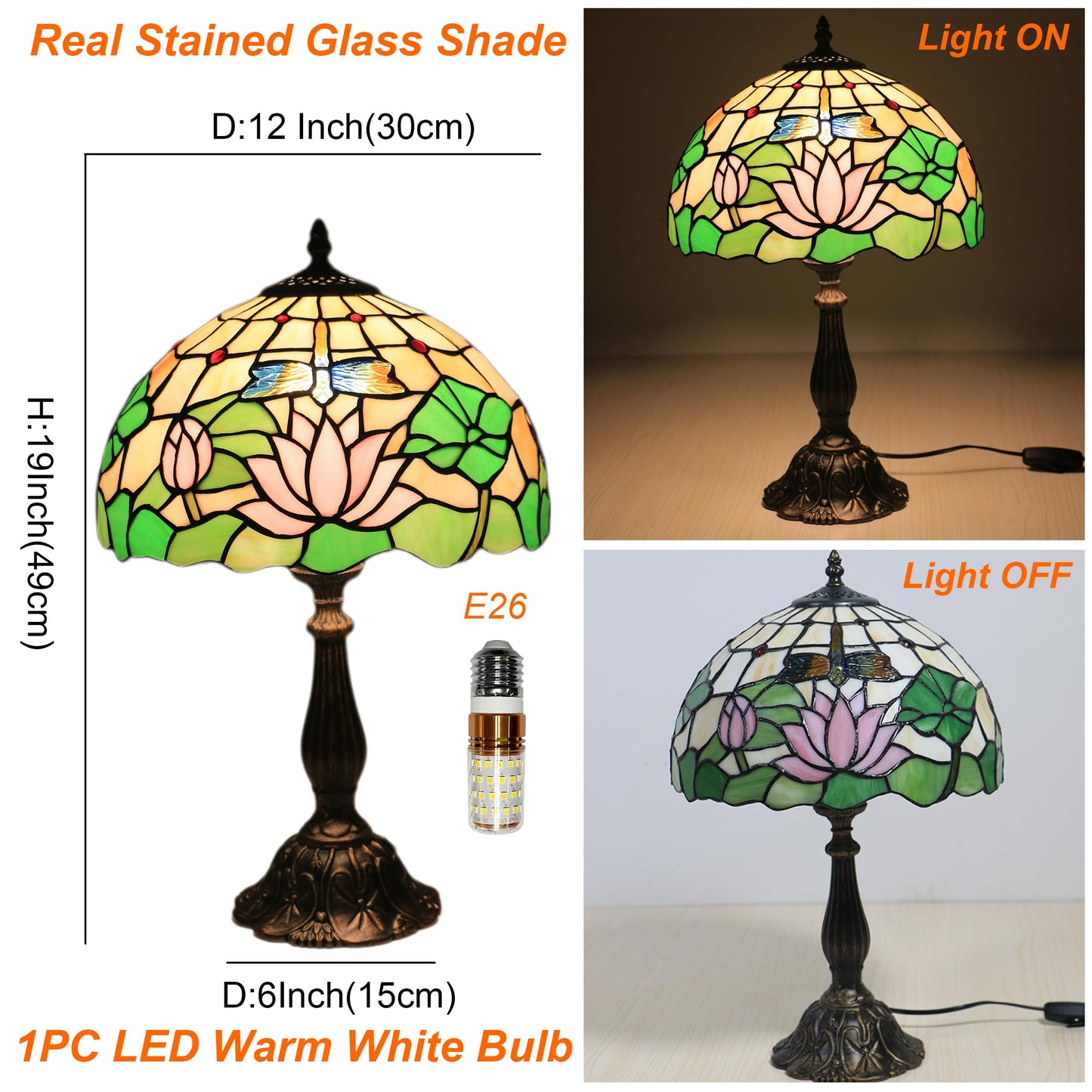 tuomoxte Tiffany Side Table Lamps for Living Room W/LED Bulb Lotus Flower Stained Glass Shade Bedside End Table Lamp 12X12X19Inch Desk Lamps for Home Office Classic Farmhouse Reading Table Lamps
