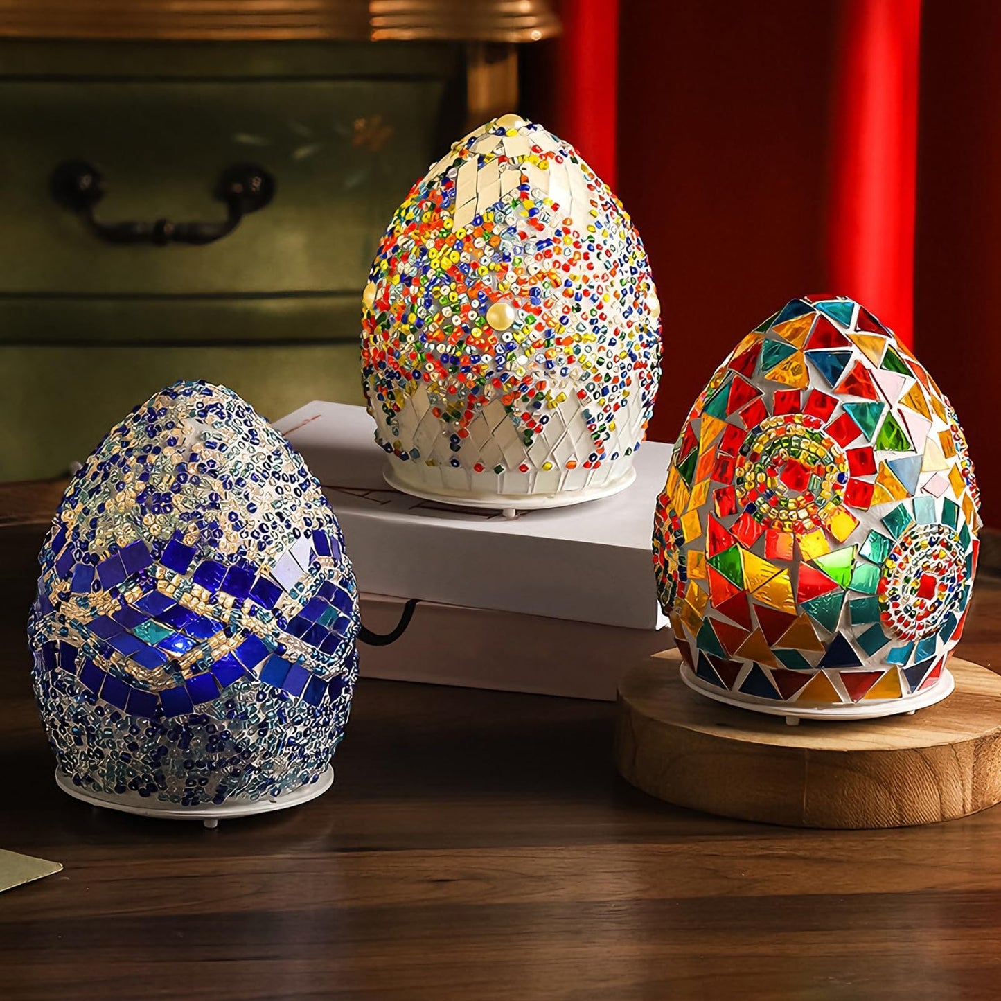 wpdash Rotating Egg-Shaped Tiffany Style Table Lamp (D:4.72" x H:5.91") Stained Glass Light with 360°Spinning Base Mosaic Night Light for Living Room Children's Room Festive Decoration & Gift