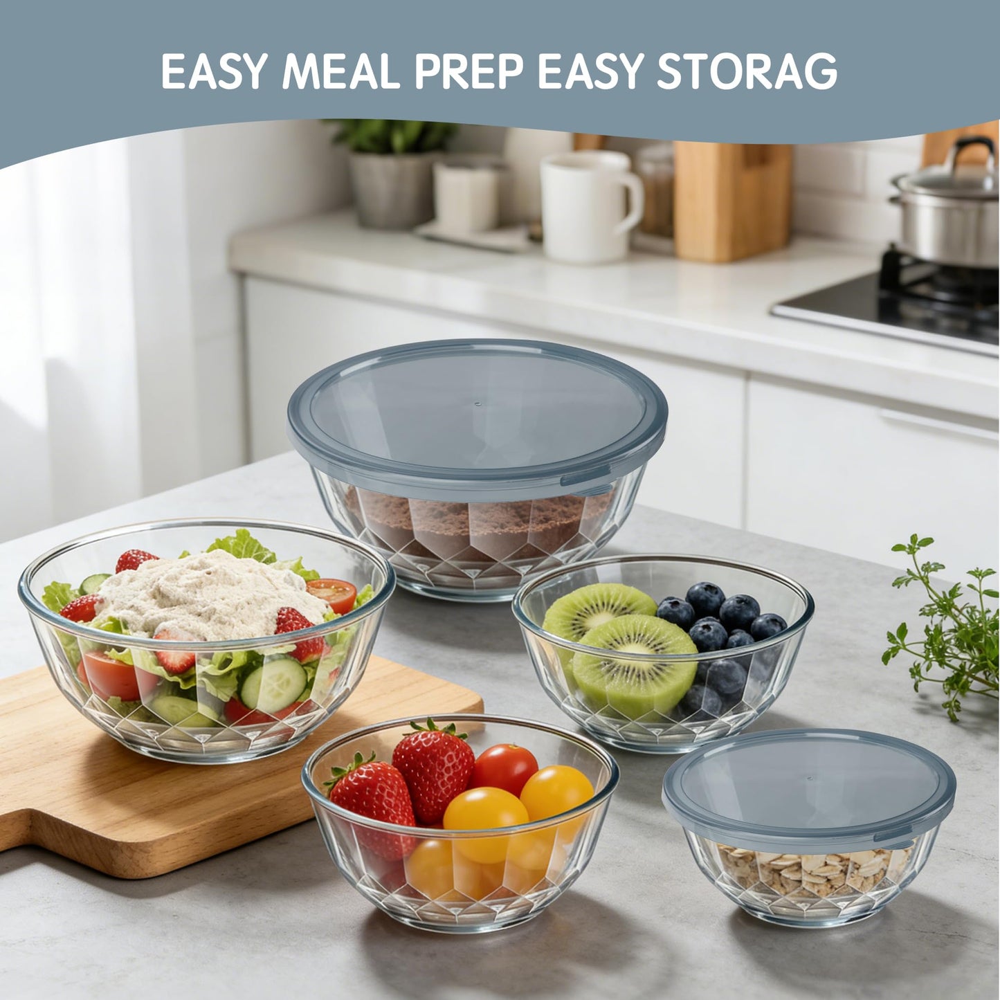 ENVTEK Thick Glass Mixing Bowls with Airtight Lids Set, 5-Piece Nesting Bowls for Baking & Meal Prep, BPA Free, Dishwasher Safe, 0.5/0.8/1.6/2.7/4.4 Quart - Gray