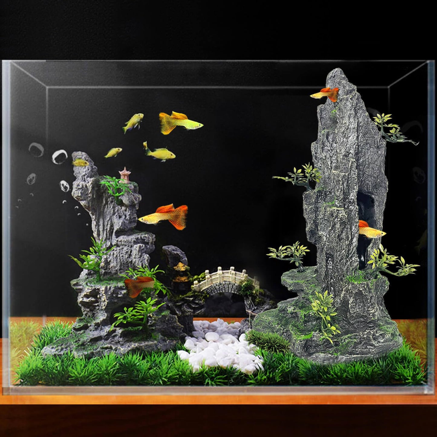 VMCN Aquarium Decoration Large and Tall for Fish Tank Rock Thematic Ornaments Aquarium Mountain View Stone Ornaments Aquarium Decor Tree House Cave Fish Tank Landscape - Extra Large
