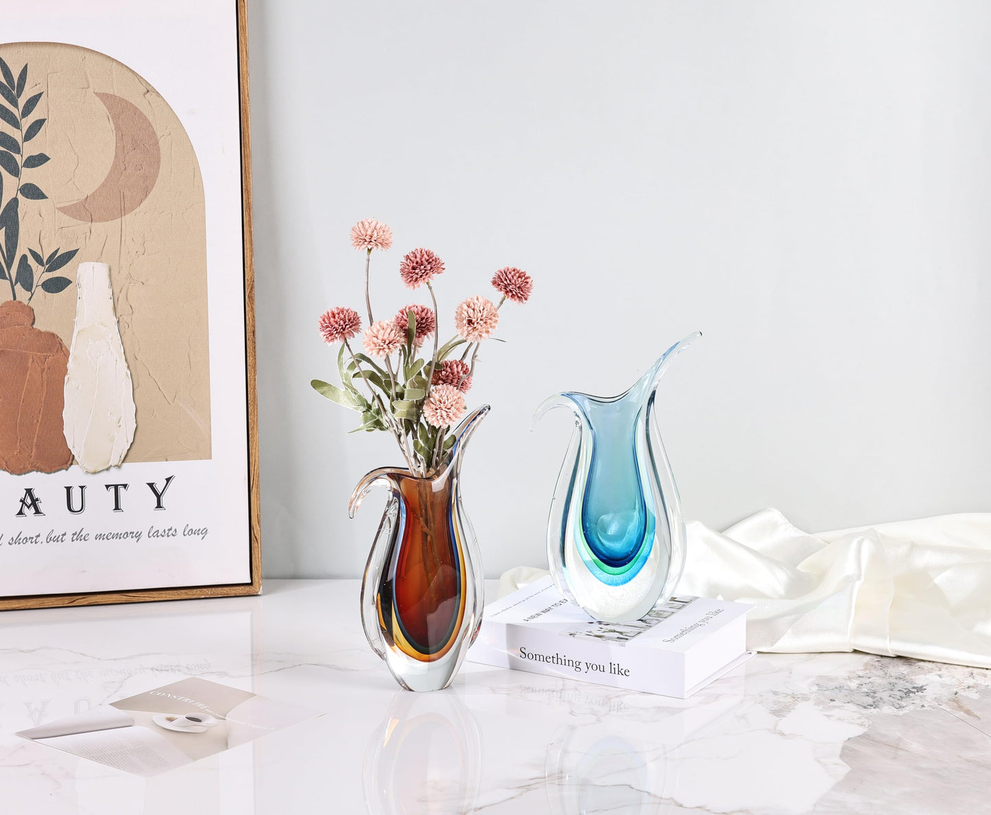 Blown Glass vase, Unique Murano Style Glass Art Deco vase for Living Room TV Stand, Table Setting, Office, Room and Desktop Decorations and Ornaments.