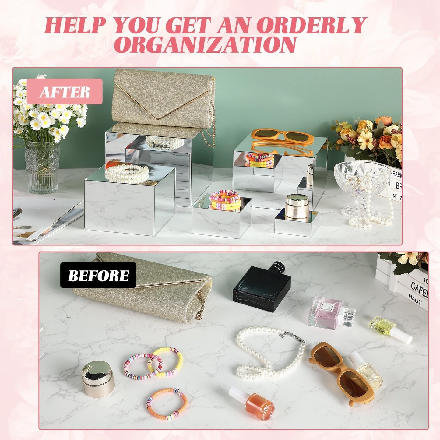 Geelin 6 Pack Acrylic Risers for Display Acrylic Cube Boxes Risers Display Stands with Hollow Bottoms Decorative Stand for Jewelry Candy Table Decor 6 Sizes(Silver,3 to 8 Inch,Square)