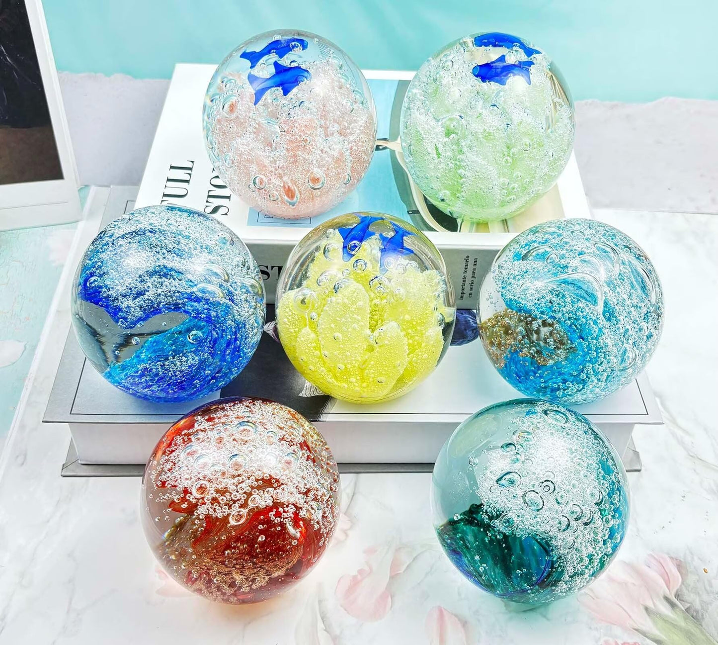 FZBHRO Decorative Crystal Ball Figurines Ocean Waves Paperweight Blown Glass Decor Sea Art Ocean Lovers Gift Blue 3.15"