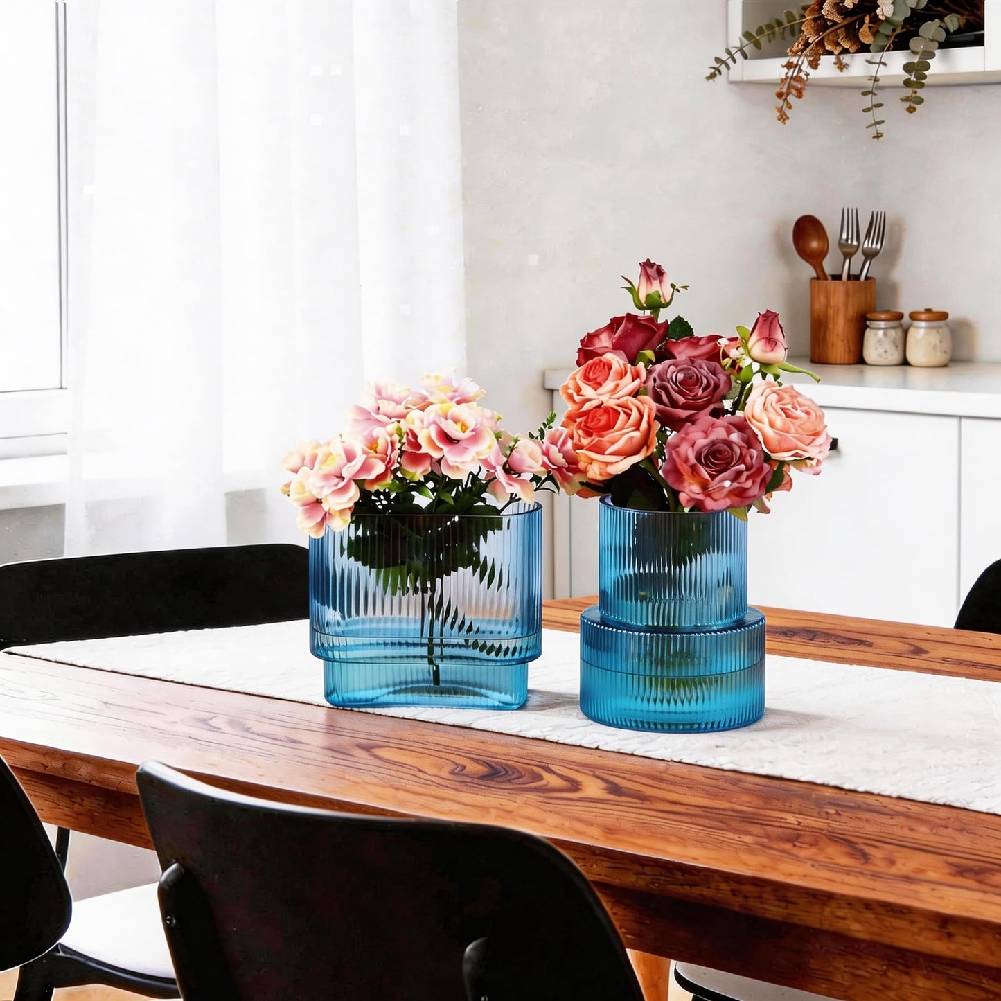 YANWE1 Blue Glass Vases, Set of 2 Ribbed Vases for Flowers, Blue Vase for Tulips, Modern Glass Vase for Living Room, Dining Table, Office, Entryway, Mantle, Bookshelf, Wedding Gifts