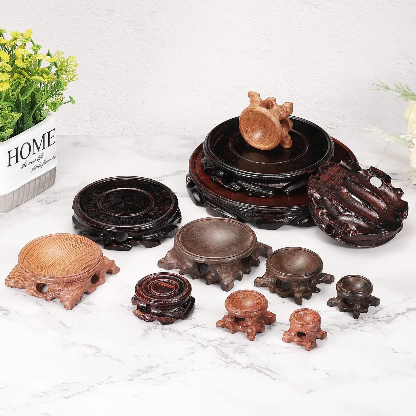 MECCANIXITY Wooden Stand Holders Displays Base 80mm Diameter Black for Vase Bonsai Stone Pack of 2