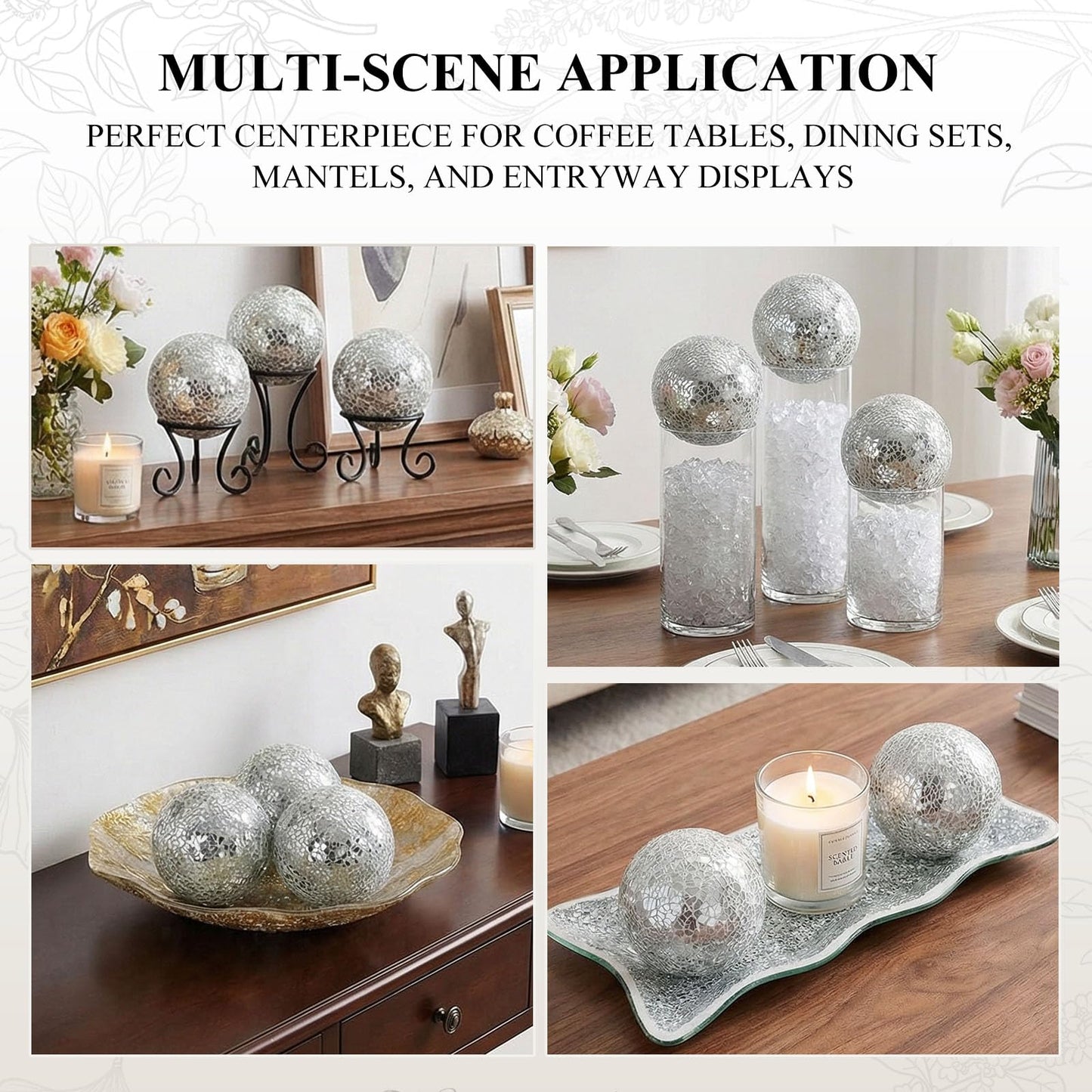 JOHOUSE 3PCS Decorative Balls with Tray, 3 Inch Silver Orbs Glass Balls for Centerpiece Bowls Mosaic Sphere for Home Decoration Dining Table