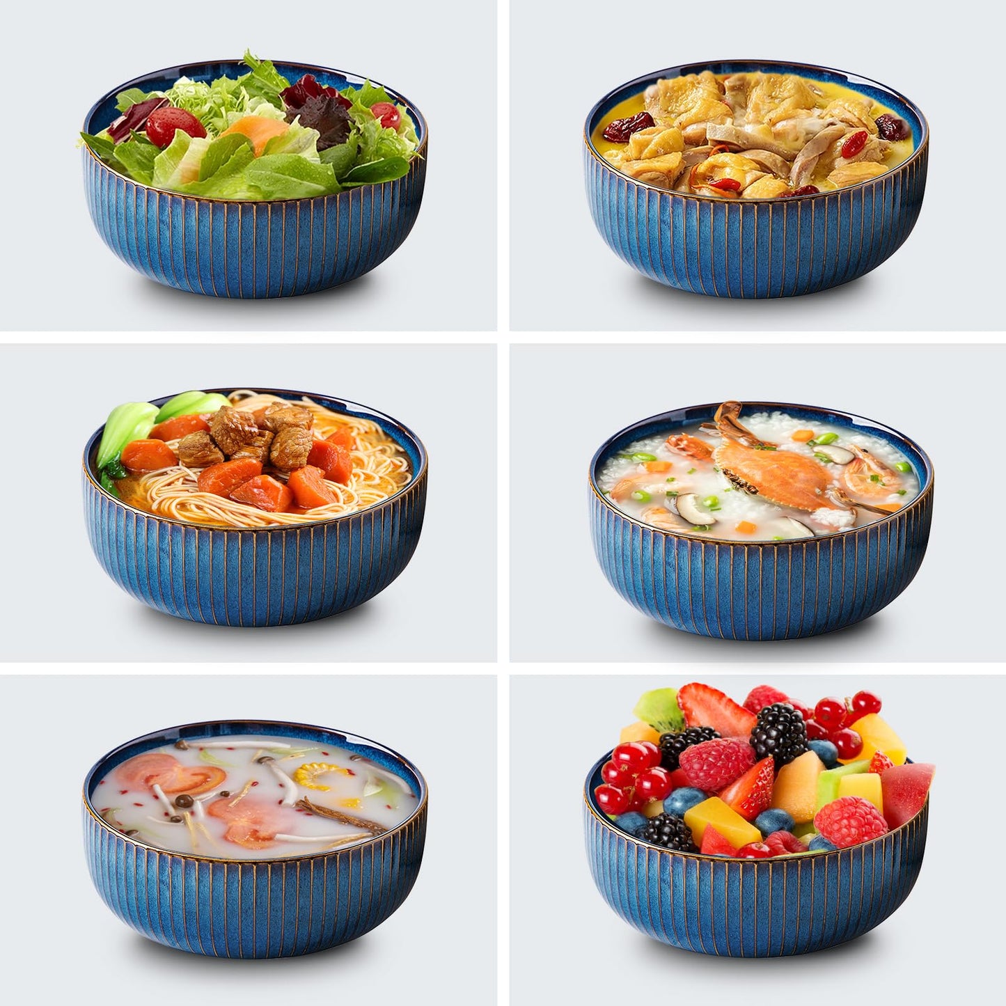YIK TUNG 66 Oz Large Ceramic Salad Bowls,8.25" Round Serving Bowl with Blue Vertical Stripe Design for Serving Pasta,Soup, Cereals,Fruit, Chips, and More, Microwave & Dishwasher Safe