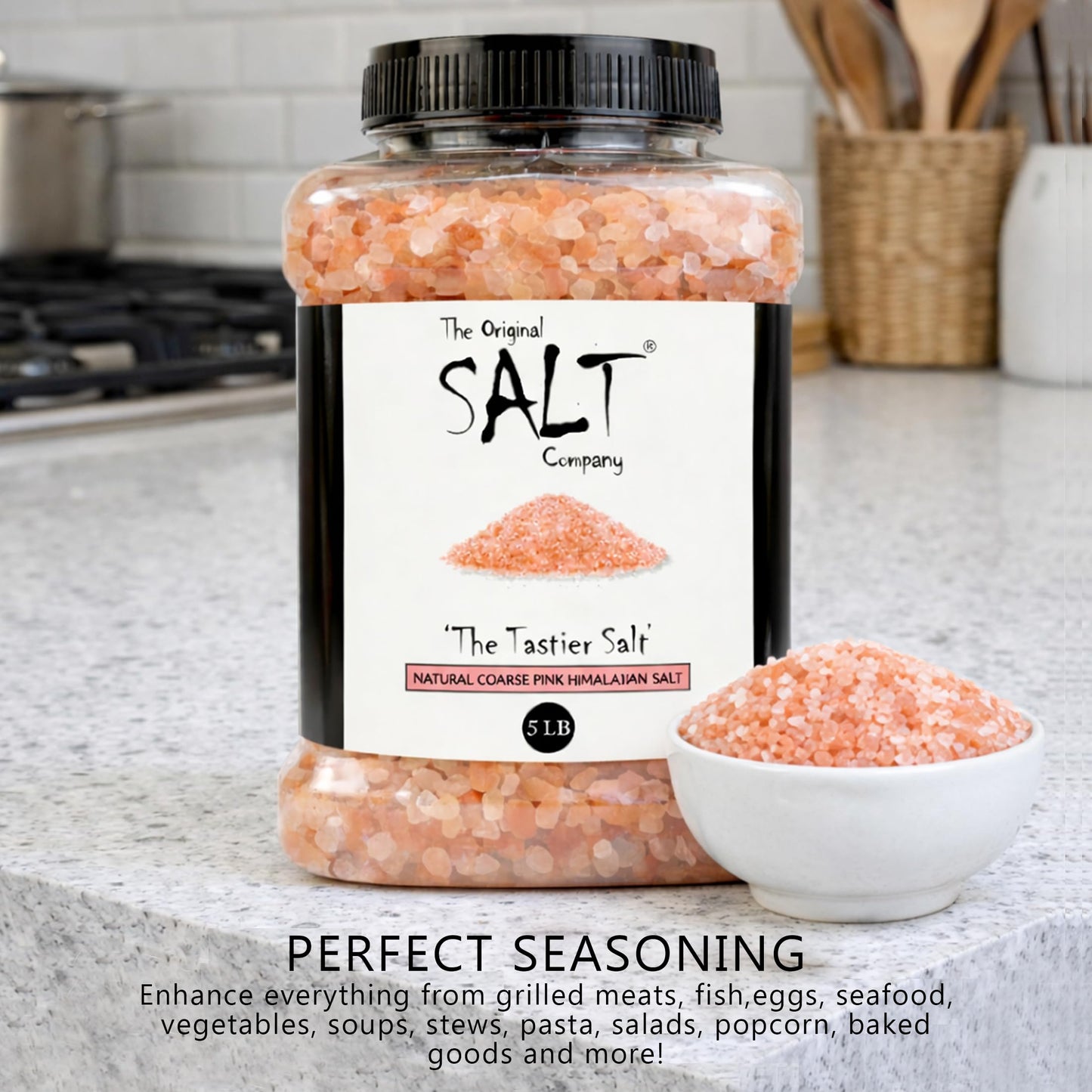 The Original Salt Company Pink Himalayan Salt, 100% organic, kosher, coarse, and gluten-free. Perfect for cooking, seasoning, and enhancing dishes with its mild, mineral-rich flavor. (5 LB Plastic Container, Coarse Pink Himalayan Salt)