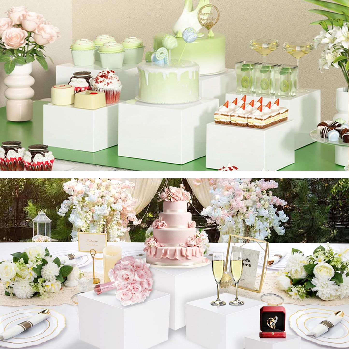 IBEQUEM Buffet Risers Set of 6, Acrylic Food Risers for Buffet Table, White Display Stand Set with Hollow Bottoms, Cube Boxes for Cake Catering Dessert Party (3",4",5", 6",7",8'') Christmas Gift