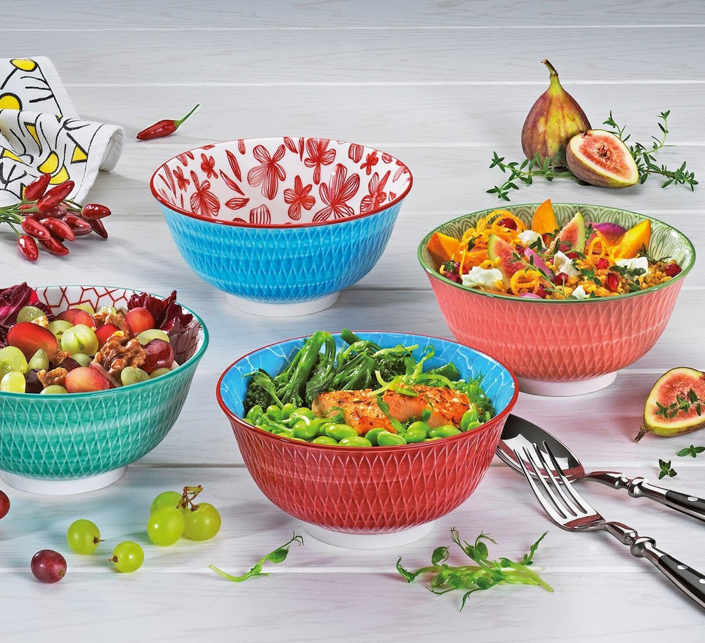 Cilio Amici Decorated Porcelain Bowl, 17 Ounce Capacity, 6" D x 2.75" H, Set of 6, Textured Blue