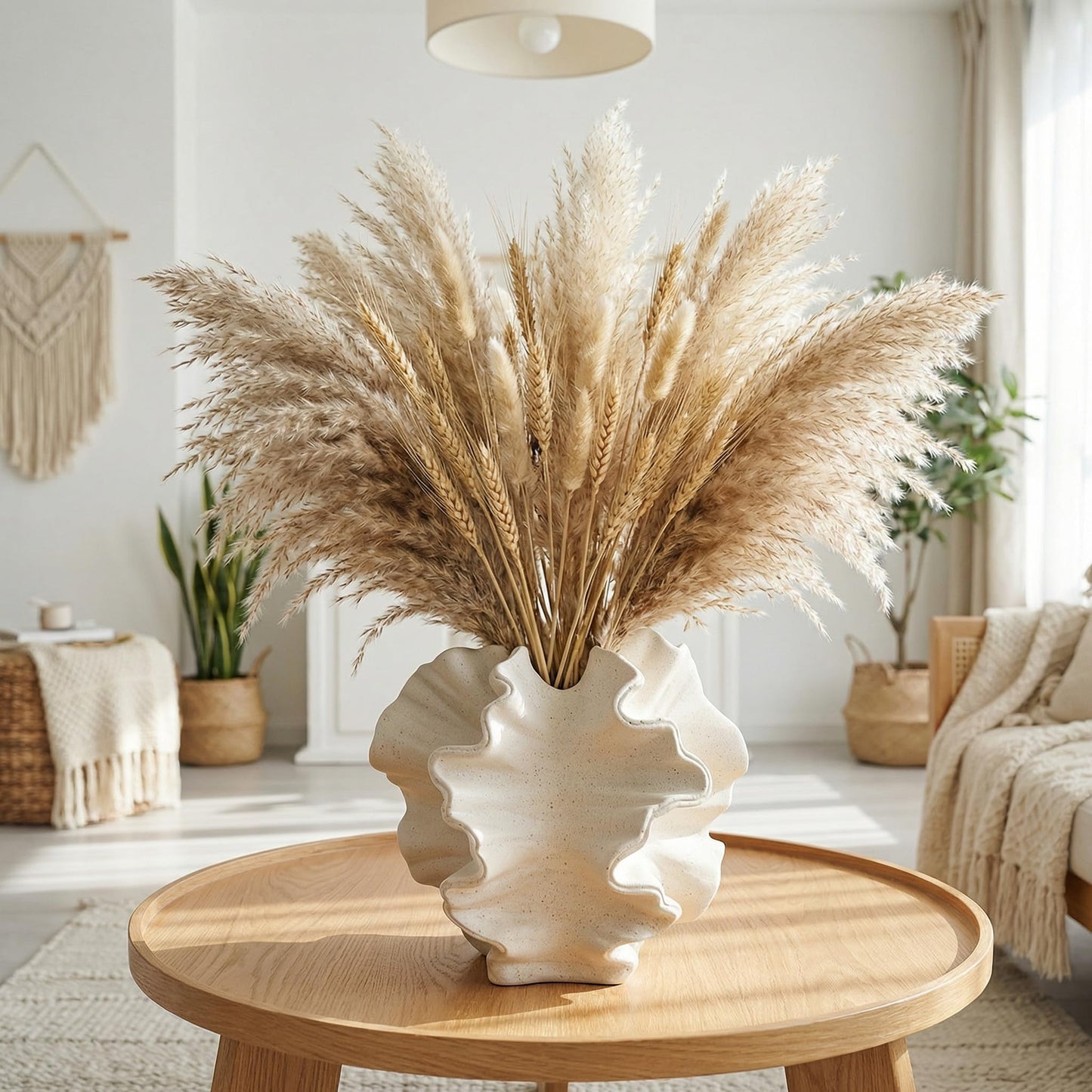 Aklimida Cream Ceramic Vase, Modern Boho Coastal Decor, Coral Design Decorative Vase for Pampas Grass Dried Flowers, Living Room Coffee Table Centerpiece Home Decor