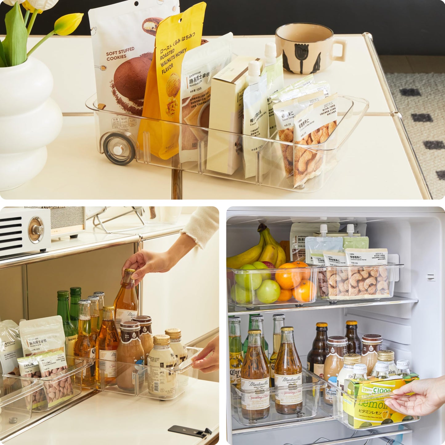 Fridge Organizer Bins With Wheels, 2 Pack Roll Out Refrigerator Organizers And Storage Refrigerator Drawer With Dividers, Upgrade Thick Plastic Pantry Storage Bins, Kitchen Organization