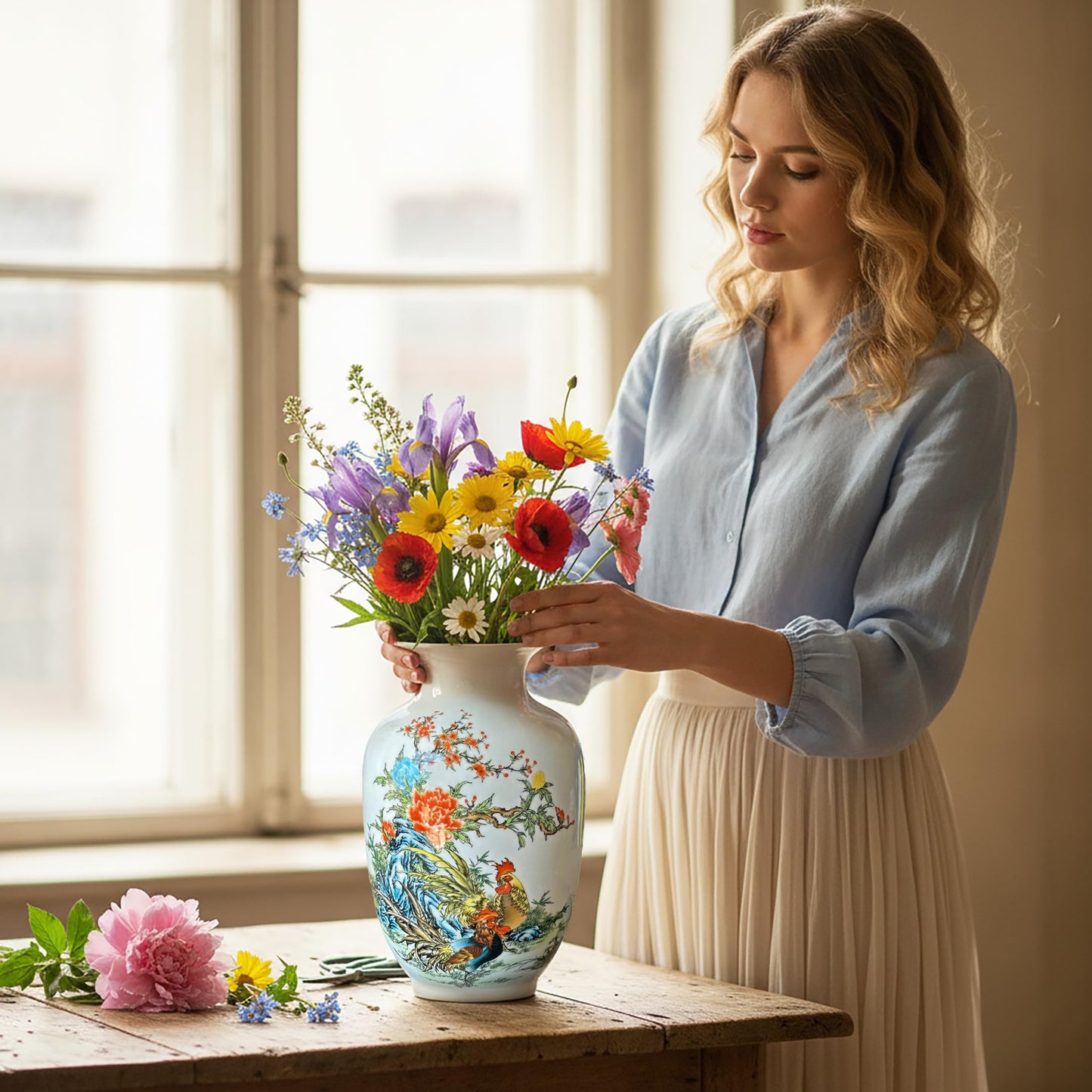 MTME Porcelain Figurines, Jingdezhen Decorative Flower vase, Melon Sr. Home Decor, Wedding Gifts, Aesthetic Sculpture Home décor (Peony Blue)