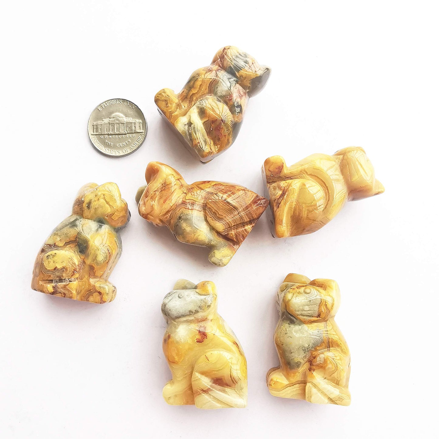 Gemgogo 2 Pcs Yellow Crazy Lace Agate Pocket Carved Lucky Cat Crystals and Healing Stones Figurines Collectibles,1.5 Inches Room Decor Gemstone