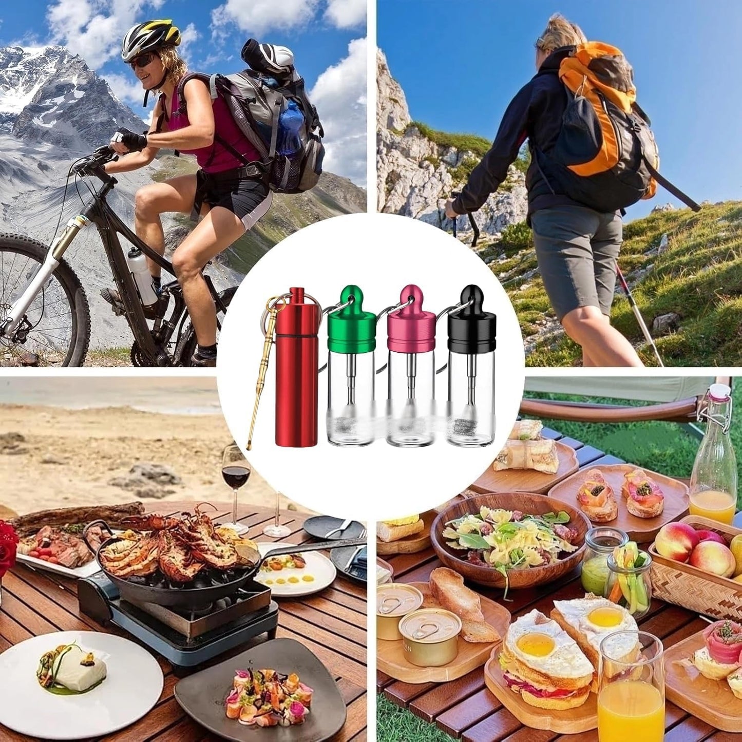 4 Pack Mini Glass travel spice containers, Waterproof Leak-Proof Keychain Seasoning Containers, Portable Small Storage Jars for Kitchen, Travel, Office, Camping & Outdoor Use