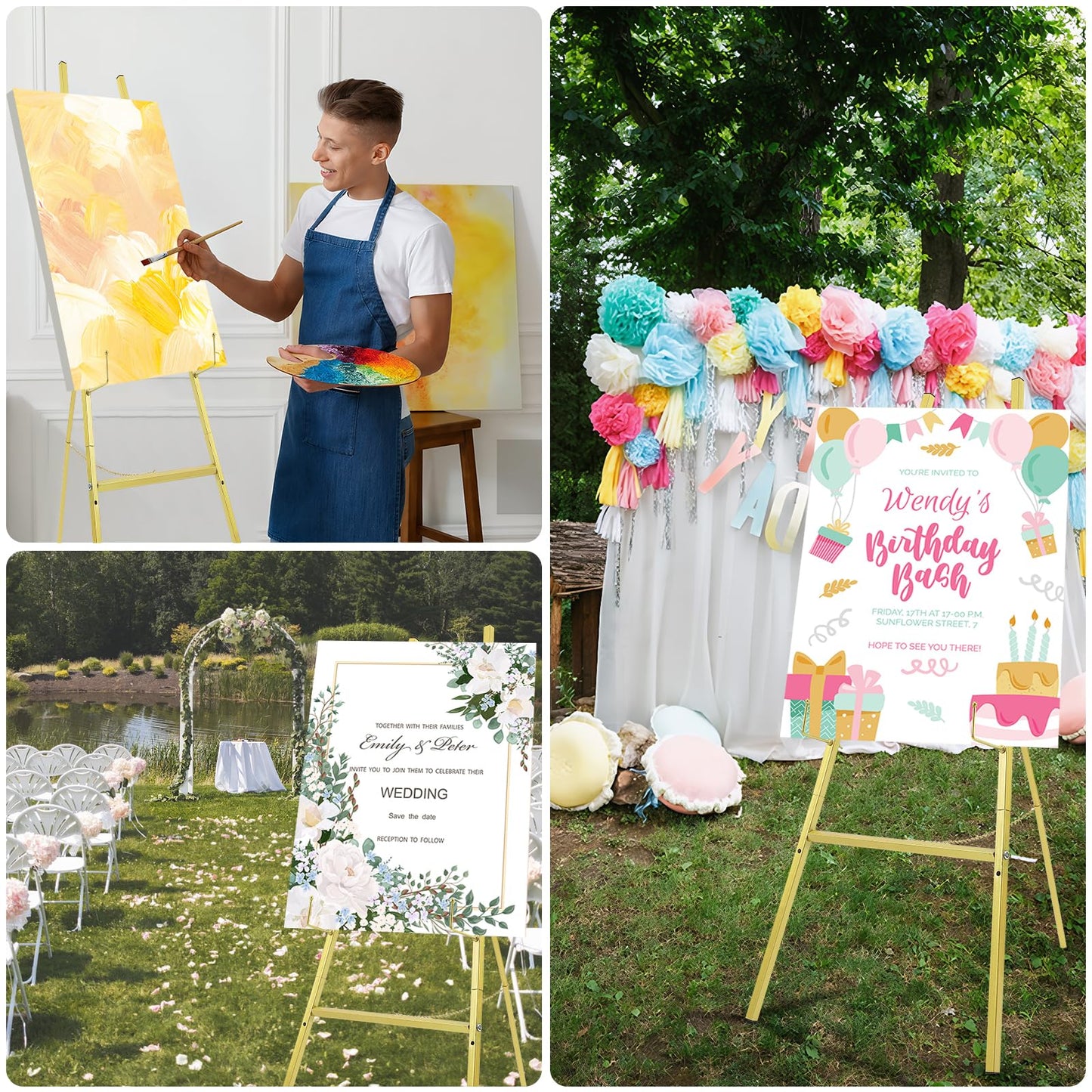 2 Pack Gold Easel Stand for Wedding Sign, Heavy Duty Metal Display Easel with Adjustable Chain, 4-Tier Height Adjustable Art Easel for Painting, Posters, Pictures & Commercial Display