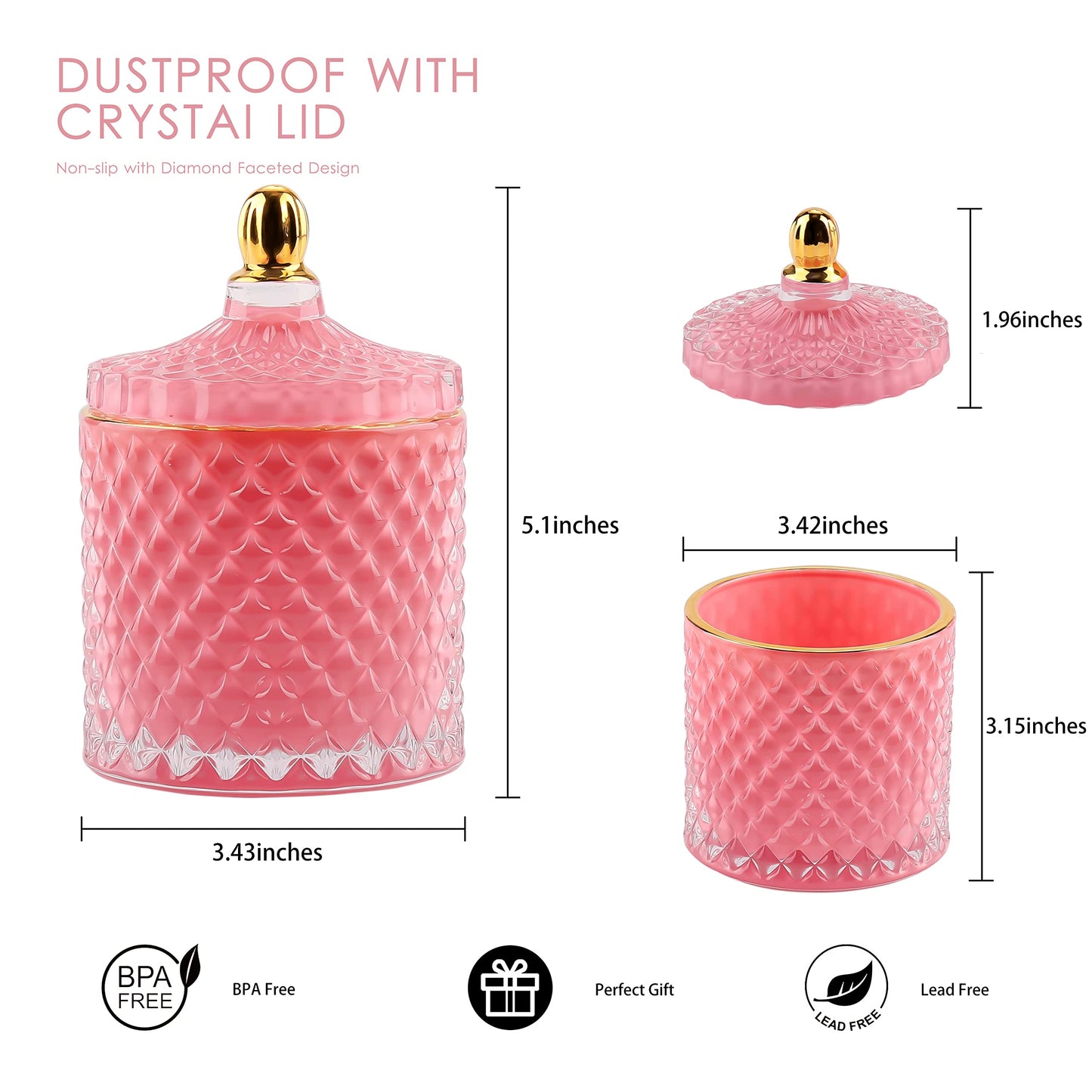 ALAMHI Pink Candy Jar, Glass Candy Dish with Lid, Crystal Apothocary Jars with Lids Jewelry Box with Lids, Decorative Glass Jar Gifts for Women