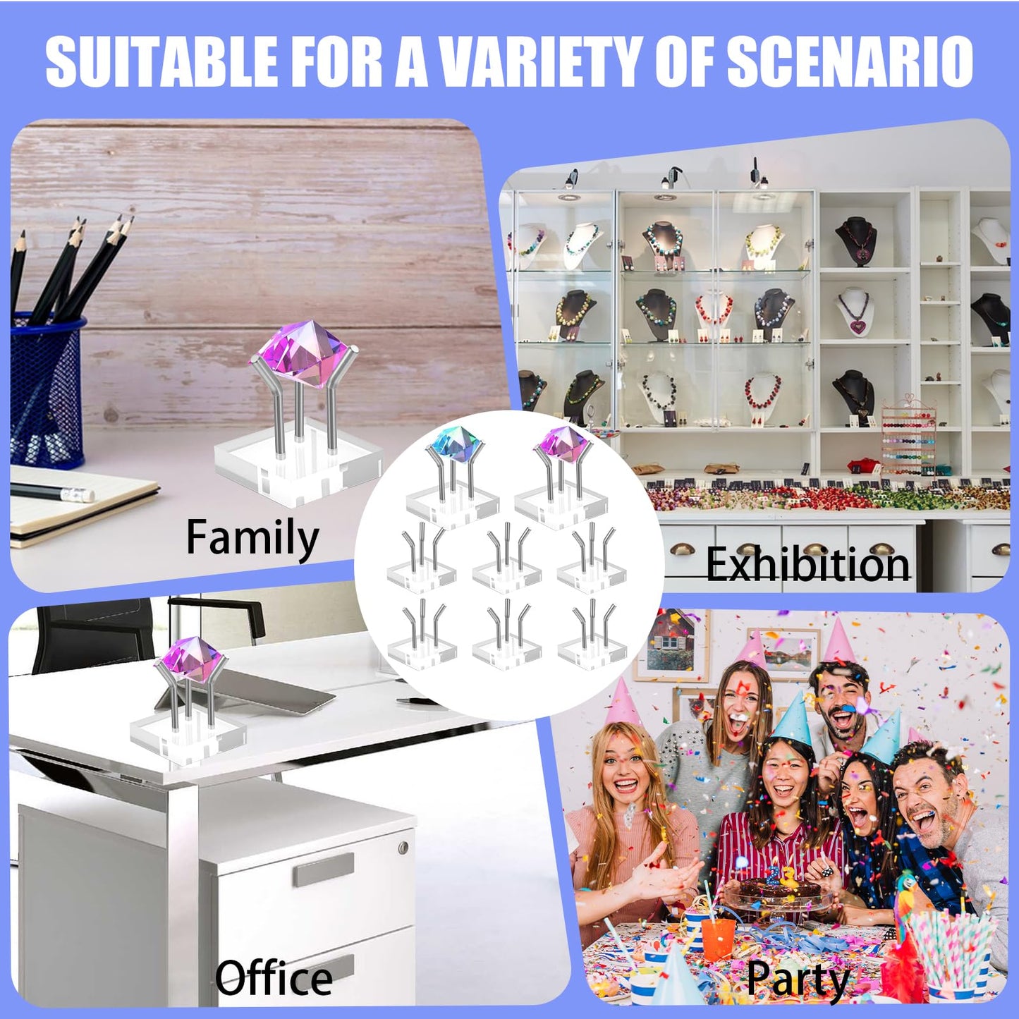 AojSup 8 Pack Clear Acrylic Display Stand, Metal 3 Peg Rock Display Easel Stands 3 Peg Displays Stand for Fossil Coral Crystal Geodes Rock Mineral Agate Small Collectibles Acrylic Holder