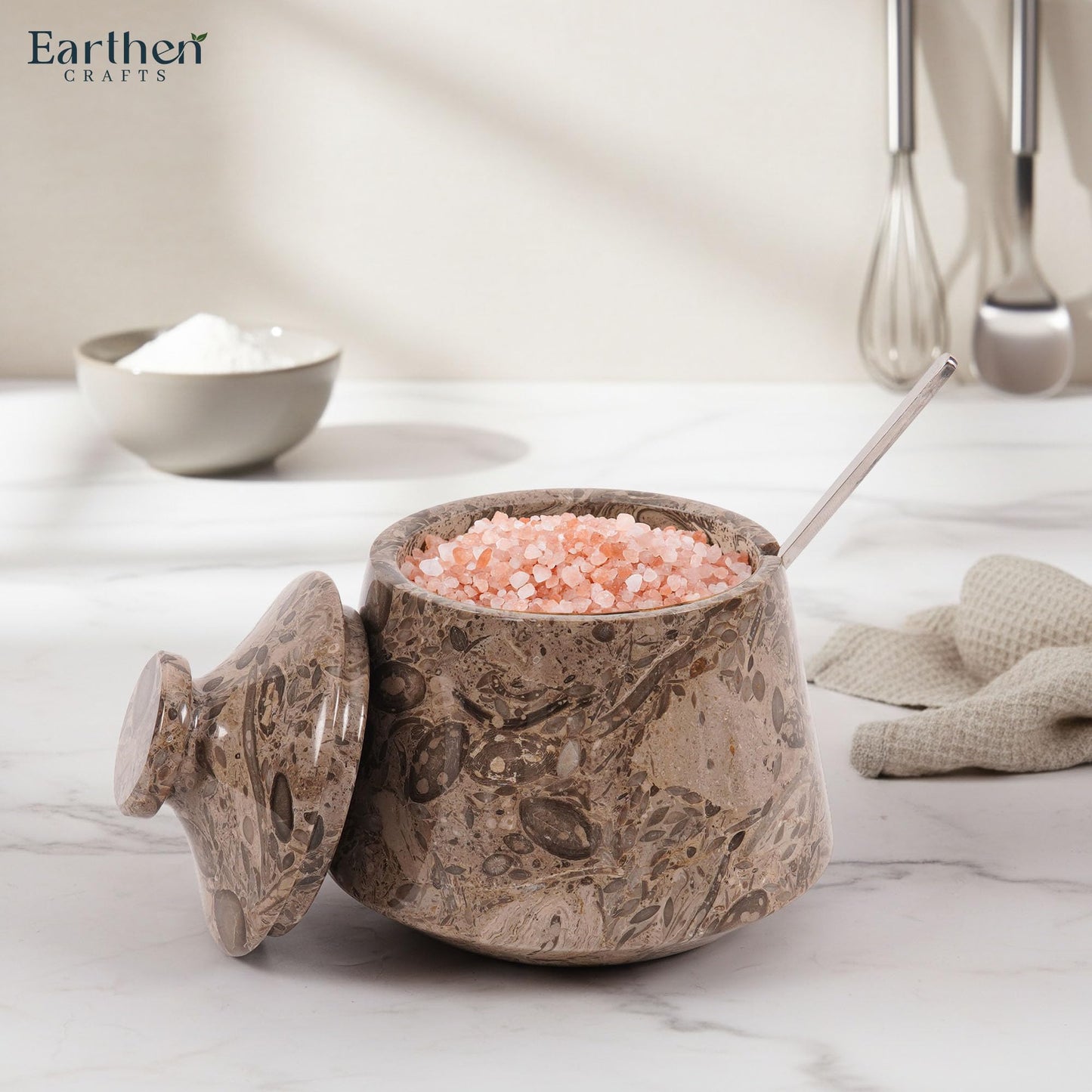 EARTHEN CRAFTS Marble Salt Cellar with Lid & Spoon Oceanic 4" Inch Seasoning & Spice Jar Salt Storage Container Salt Dish Salt Box 9.5 OZ, Coffee Holder for Kitchen Counter