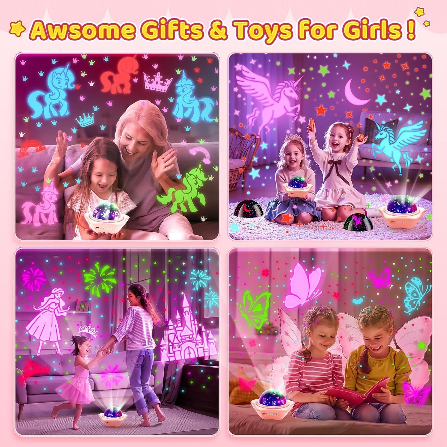One Fire Girls Toys for Girl Gifts, 6 Films Light Projector Unicorn Toys for Girls Age 4-6, Rechargeable Night Lights for Bedroom, 360° Rotating Decor Mermaid Gifts Princess Baby Toddler Toys