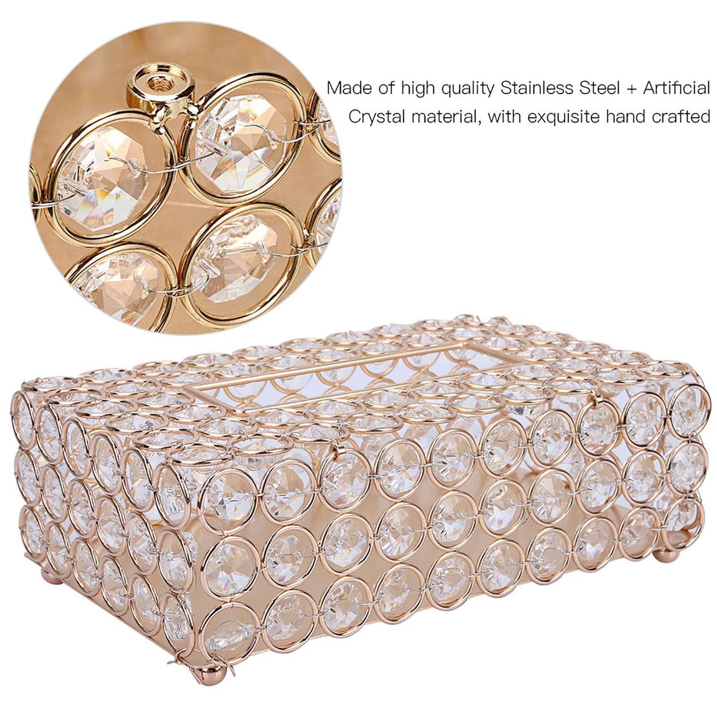 Rectangular Artificial Crystal Tissue Box Cover Stainless Steel Tissue Holder for Home and Car (Rose Gold)