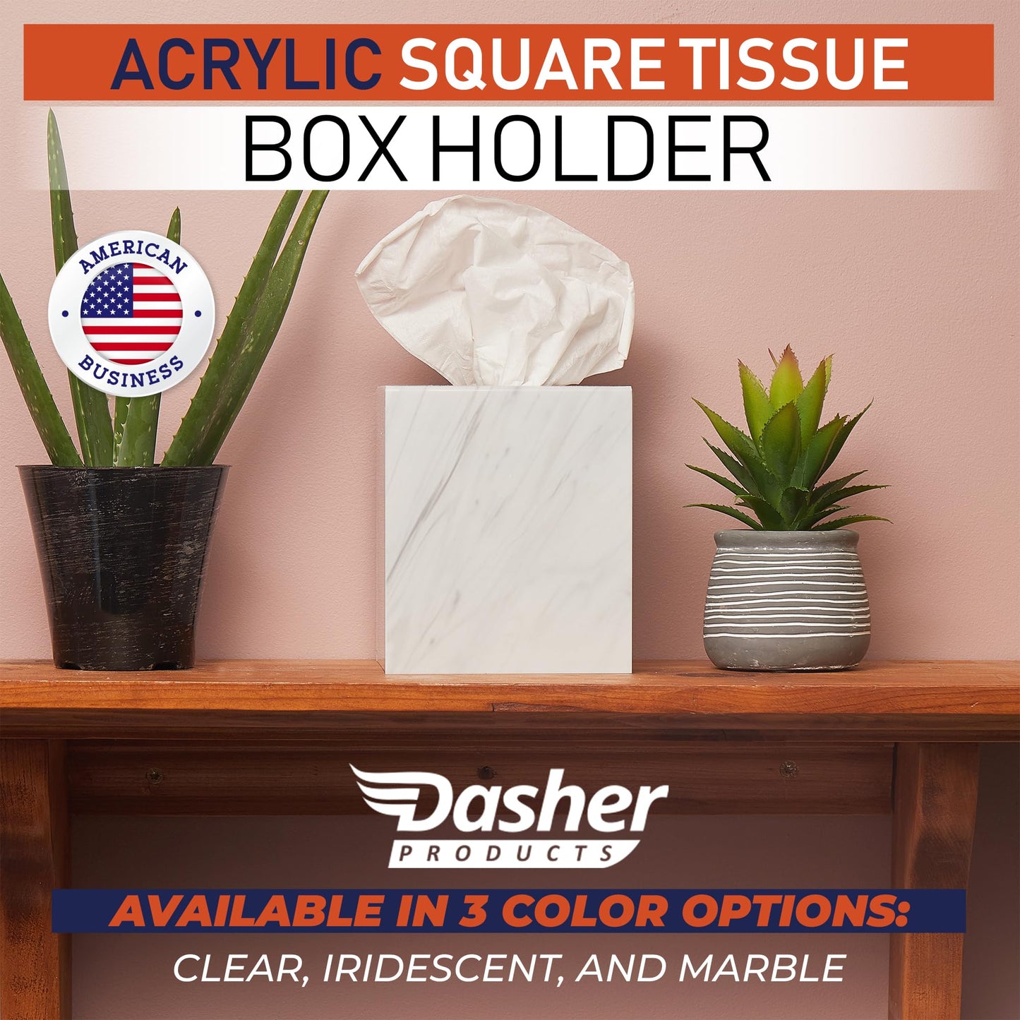 Acrylic Tissue Box Holder, Square Dispenser for Facial Tissues, Napkins, and Dryer Sheets. Perfect for Bathrooms, Desks, Countertops, Vanities, Bedrooms, and Nightstands (Square, Marble)