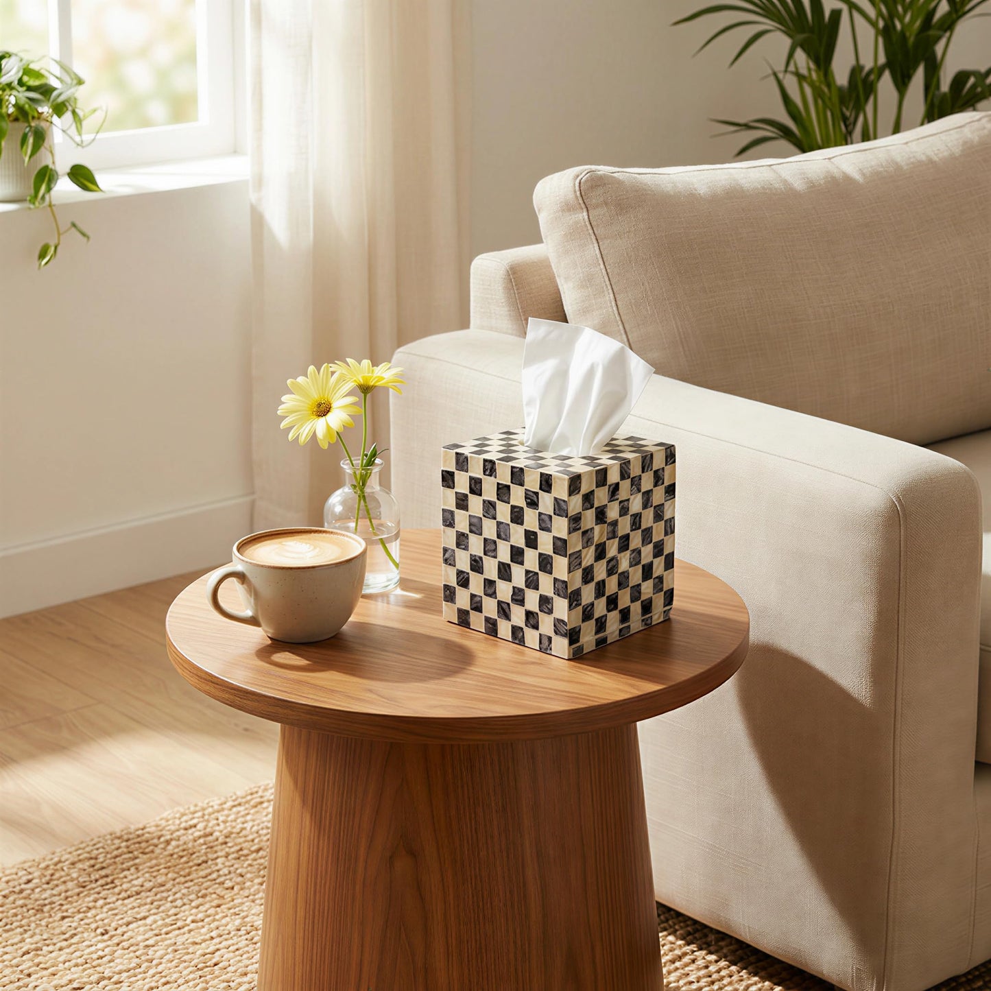 Mother of Pearl Tissue Box Cover, Decorative Tissue Box Holder Square Fits Kleenex & Puffs Tissue Box Cube for Coffee Table, Living Room, Kitchen & Dining Room (Checkerboard)