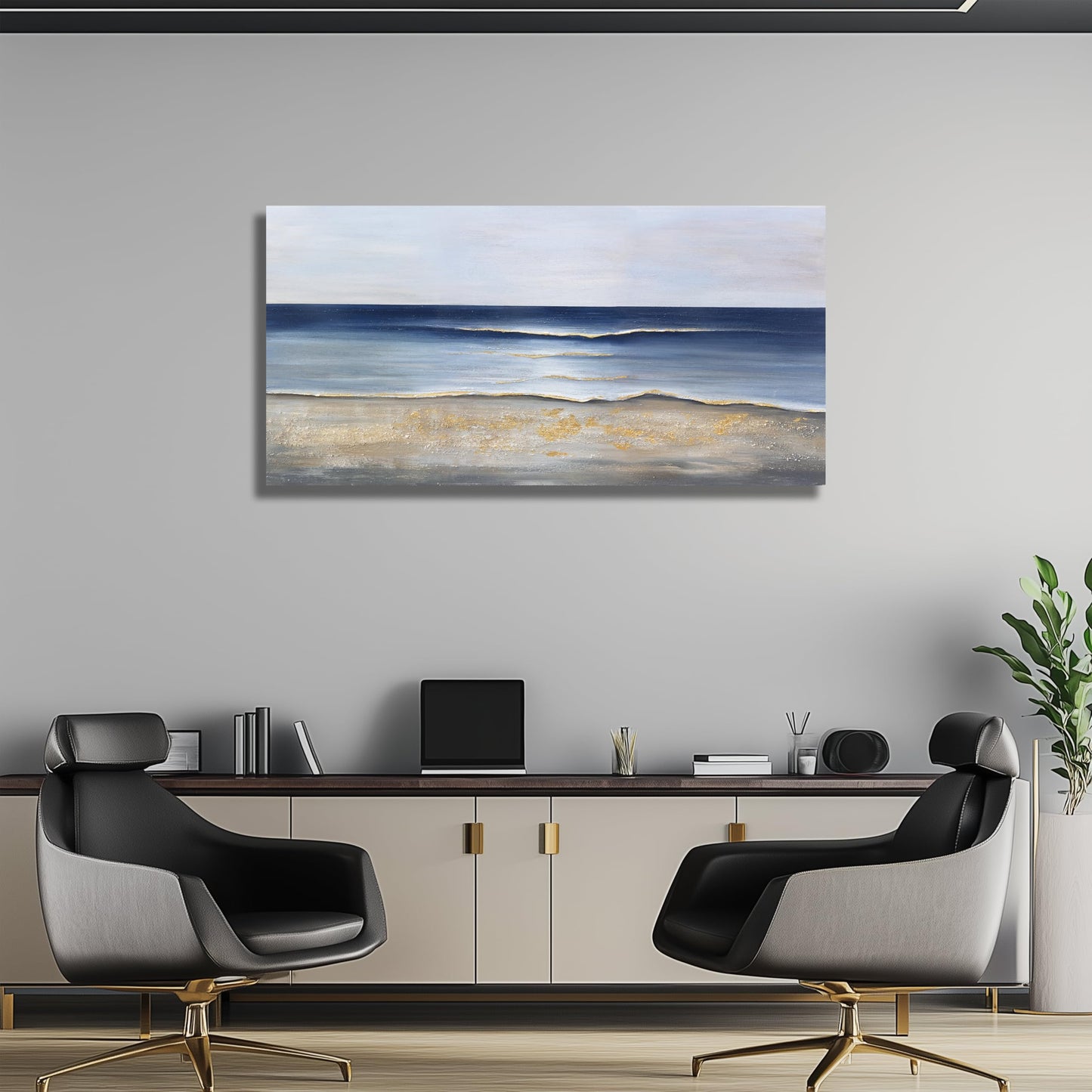 Yuaxker Ocean Wall Art Blue and Gold Modern Minimalist Wall Decor Sea Wave and Beaches Canvas Painting for Living Room Bedroom Dinning Room Home Office Home Decor 24x48 inch