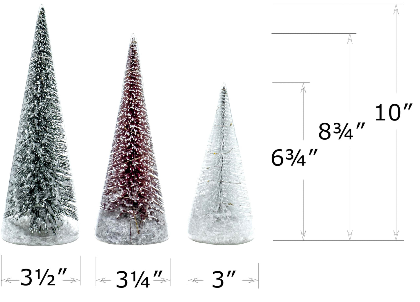 Red Co. Set of 3 (10”, 9”, 7”) Clear Glass Light-Up Decorative Tabletop Christmas Tree Holiday Figurine with LED Lights, Tinsel & Snow