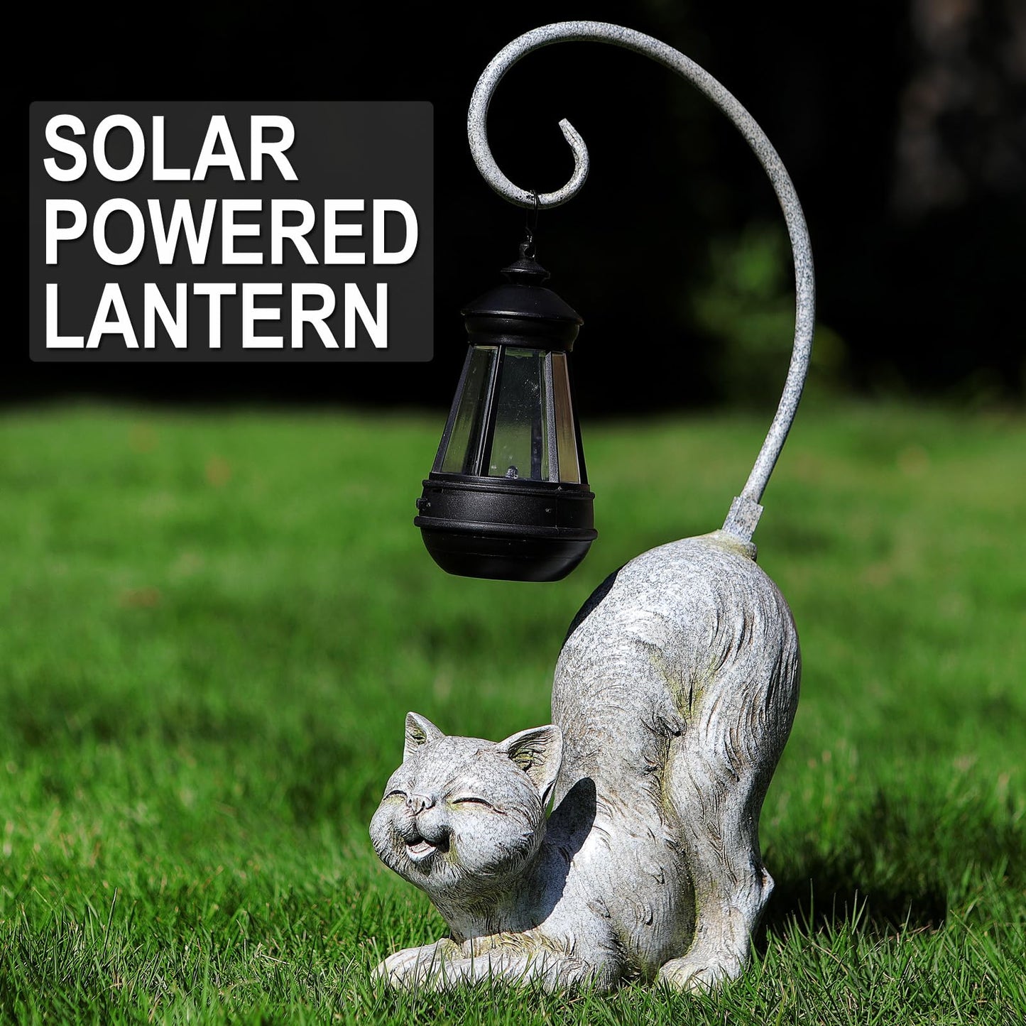 Hapyard Laughing Cat Figurine with Solar-Powered LED Light, 15.7 Inches Tall Marble, Perfect for Gift Garden Decor or Housewarming for Cat Lovers.